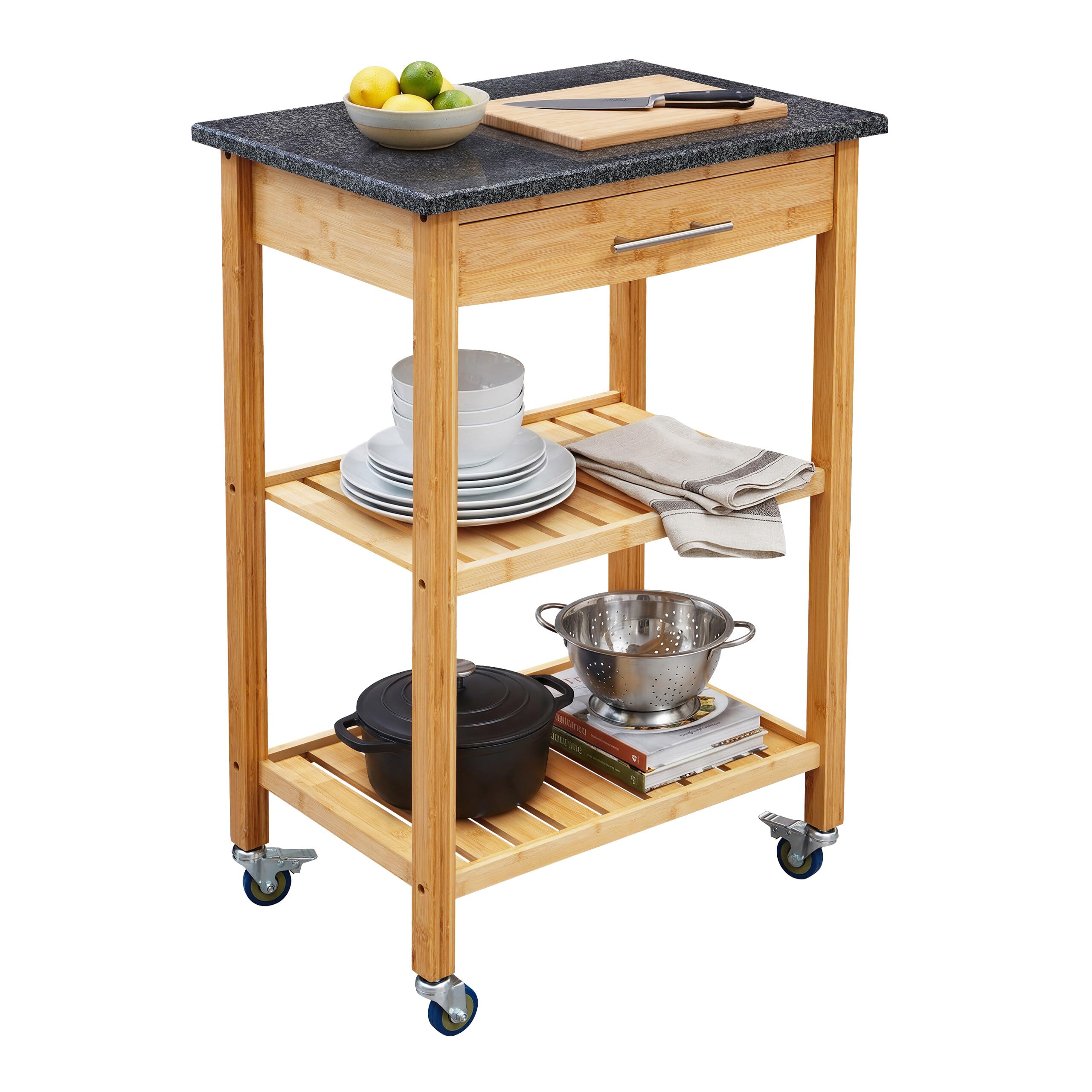Relaxdays Küchenwagen, Granitplatte, Schublade, 2 Ebenen, Natur/anthrazit | HxBxT: 85 x 58 x 40 cm Bambus, Servierwagen