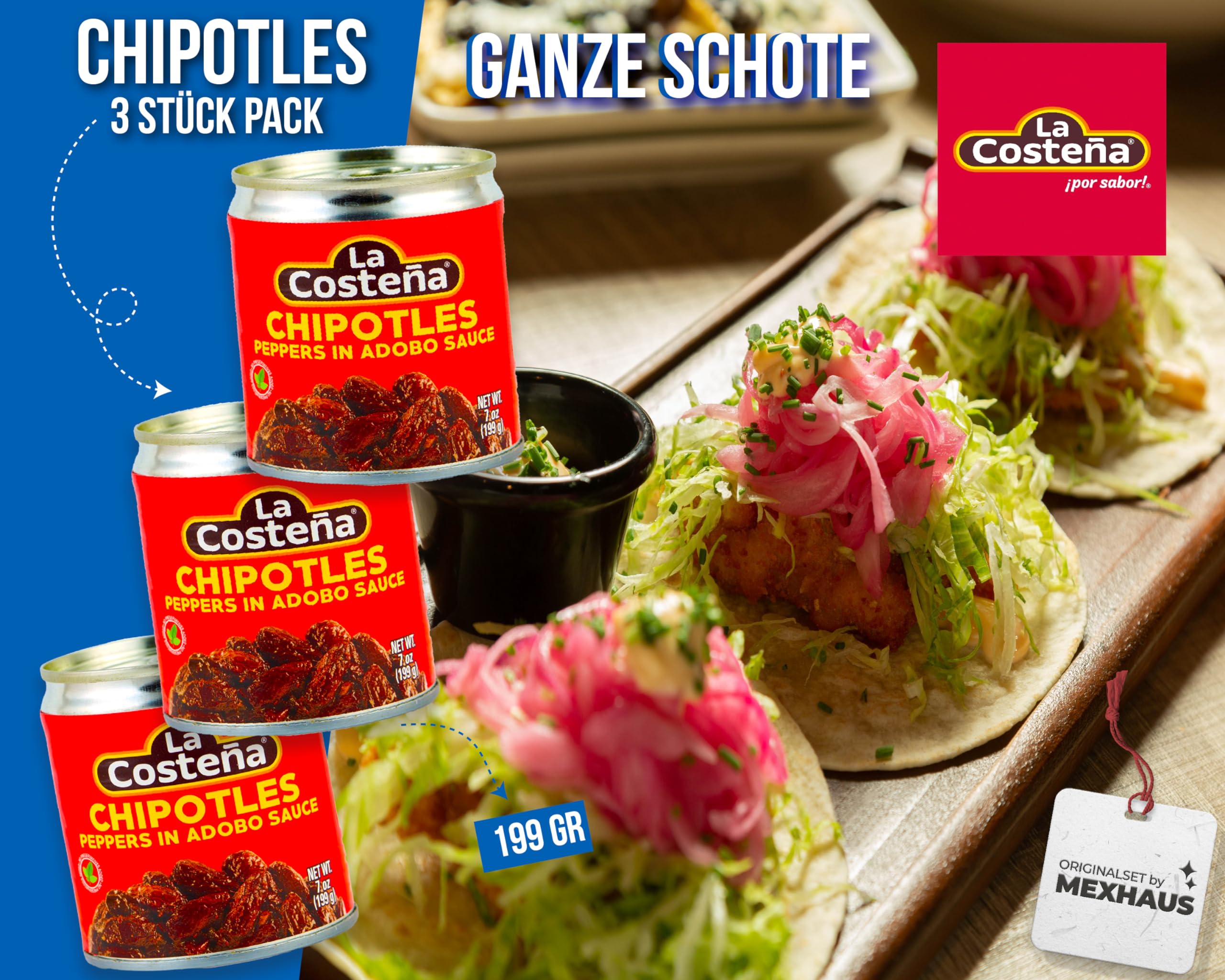 Chipotle Chili in salsa Adobo di La Costeña - Confezione da 3 (199 g ciascuno) - Peperoncini piccanti in salsa di pomodoro piccante - Ideale per piatti messicani