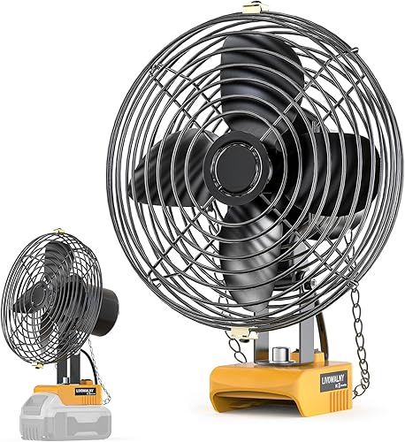 LIVOWALNY Ventilador portátil para el lugar de trabajo para batería Dewalt de 20 V, ventilador inalámbrico alimentado por batería, 17 W, 3500 RPM,