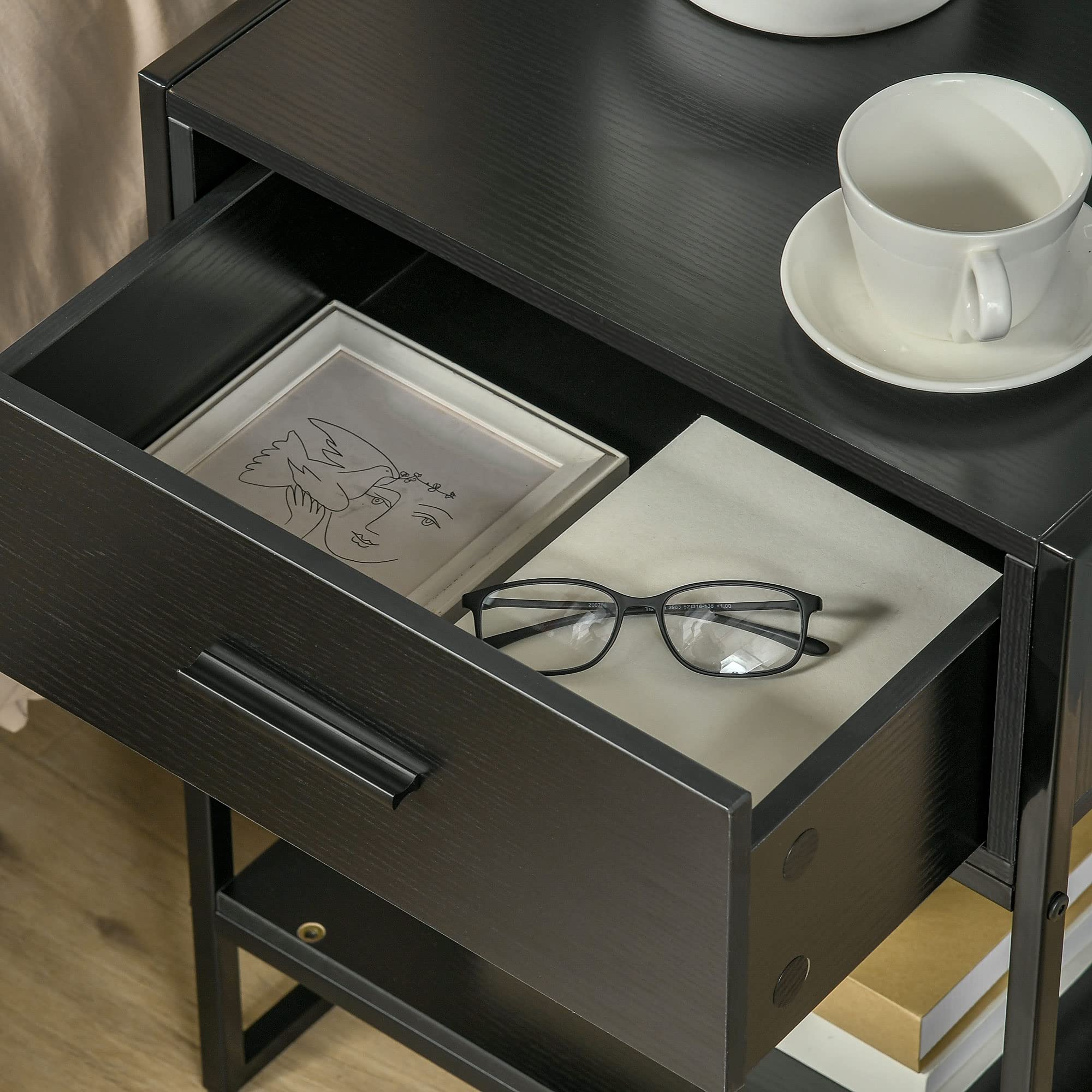 HOMCOM 2 Mesitas de Noche Mesas Auxiliares con Cajón y Estante de Abierto Estilo Moderno para Dormitorio Salón Cama Oficina 45x40x60 cm Negro