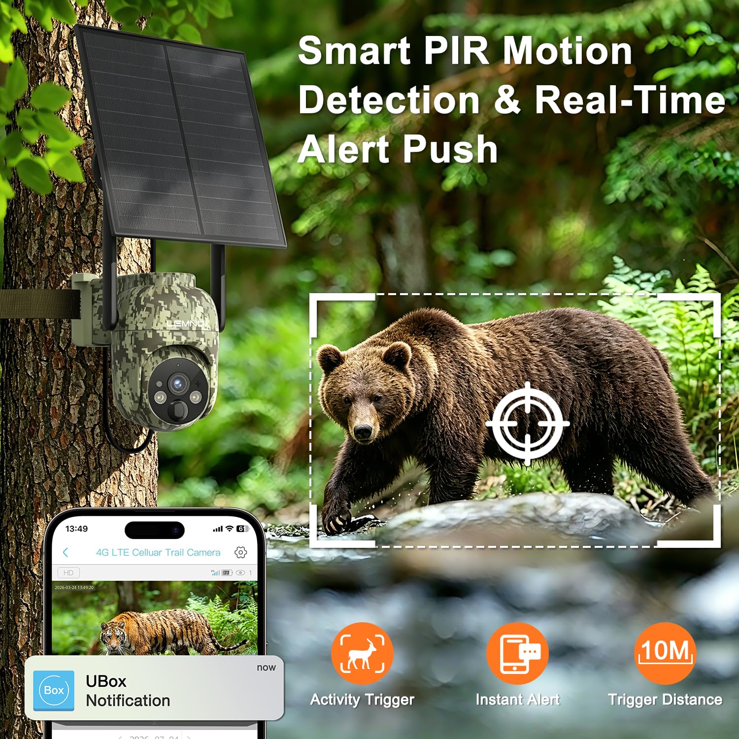LEMNOI Fototrappola 4G con SIM Inclusa, 2K Fotocamera da Caccia, Telecamera Solare PTZ da Esterno, Visione Notturna a Colori, IP66 Impermeabile, Senza WiFi, per Caccia/Fattoria/Giardino
