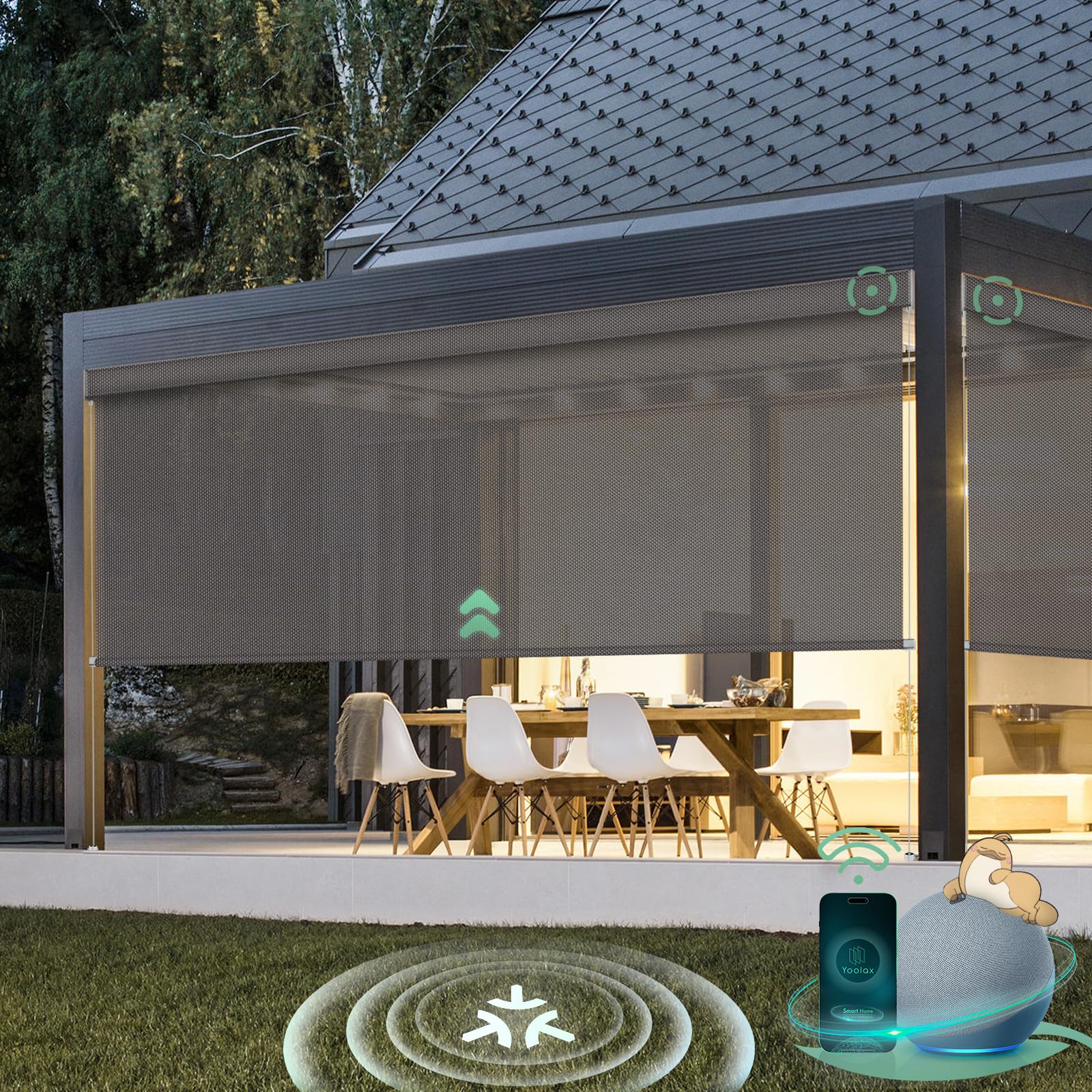 Yoolax Motorized Matter Outdoor Shades Patio Blinds Compatible with Alexa, Remote Control Retractable Patio Screens, Smart Roller Shades for Porch Custom (5% Openness Alpine Rock)