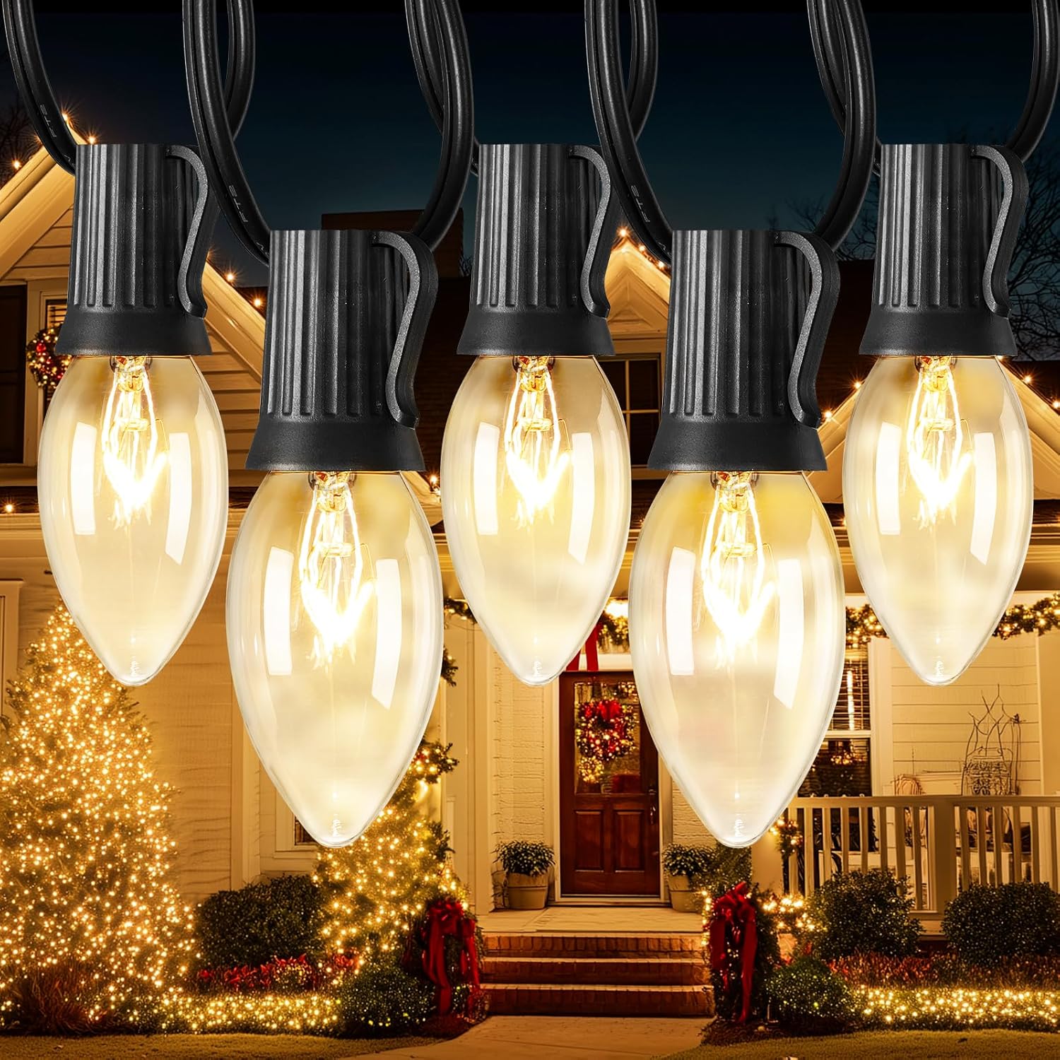 C9 Christmas String Lights Outdoor 100ft Vintage Christmas Tree Lights for Indoor Outdoor Roofline Patio Room Holiday Party Backyard Xmas Decoration, Black Wire, 100+4 Bulbs, Not Connectable 100FT Clear Bulb Black Wire