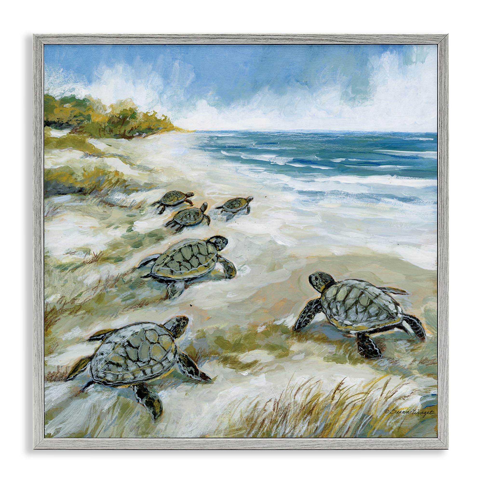 Stupell Industries Farmhouse Gray (Textured) 'Baby Sea Turtles On Beach'| Framed Giclee Art