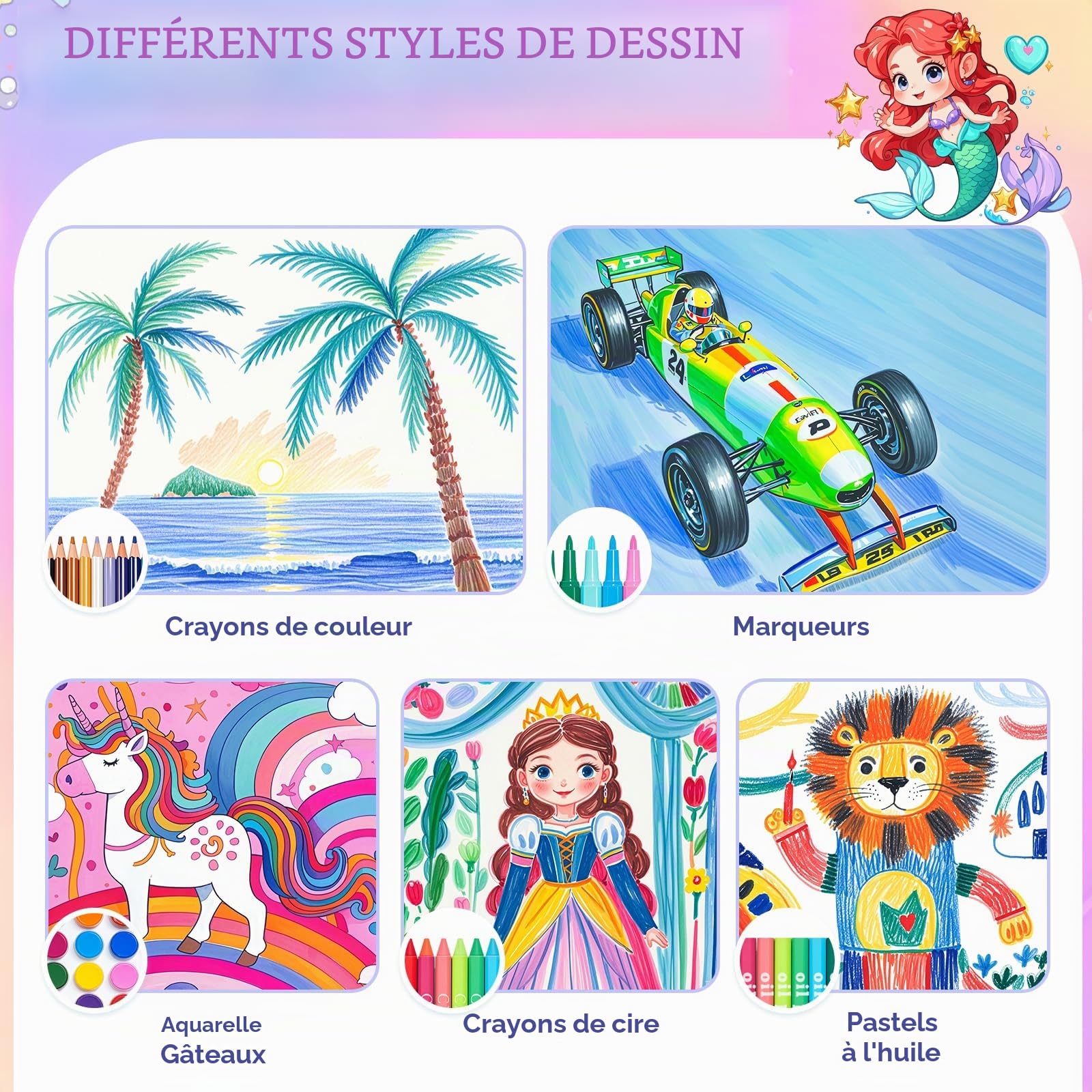 Sirène Malette De Coloriage Enfant,Malette De Dessin Enfant De 4 à 12 Ans, Malette De Coloriage Fille Avec Feutres, Pastels à L'Huile, Crayons, Crayons De Couleur,Cadeaux De NoëL