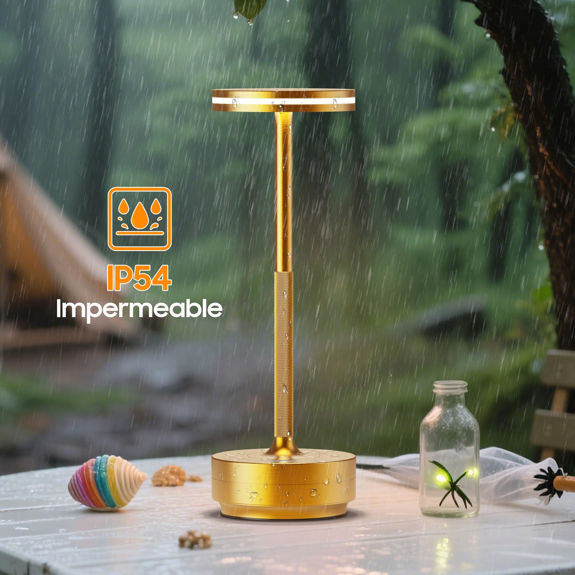 Lampara de Mesa LED Recargable, Lámpara sin Cable con 5000mAh Bateria IP54 | Hapfish Lamparas Escritorio Inalambrica, Lámpara de mesita Noche, Portatil y Impermeable, Para Jardin Comedor 2 Dorado