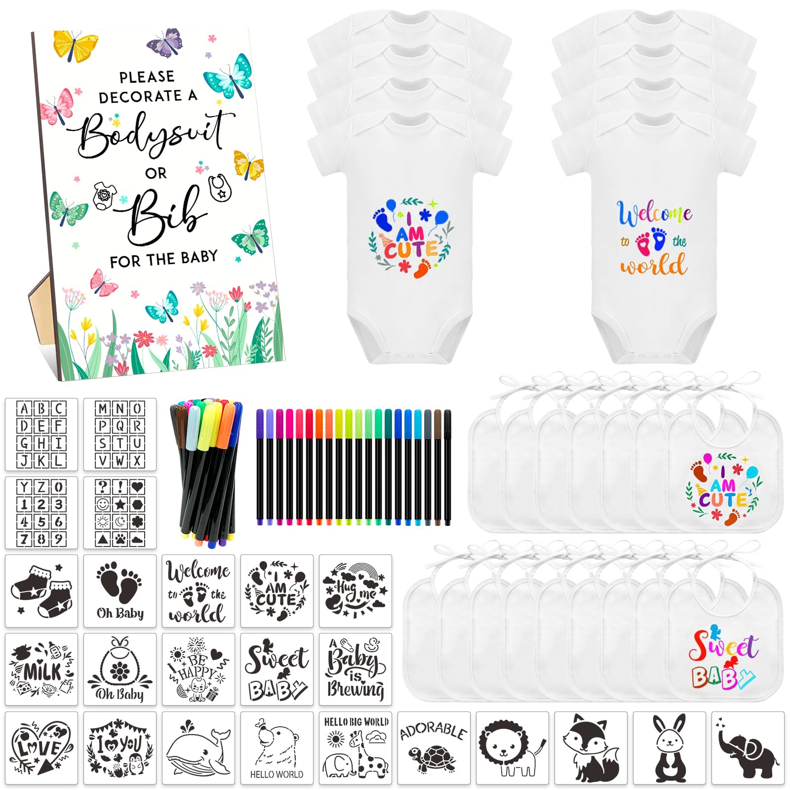 SytuHete 69 Pcs Baby Bib Bodysuit Baby Shower Set Baby Shower Game Sign Baby Feeder Bib Newborn Bodysuit Fabric Marker