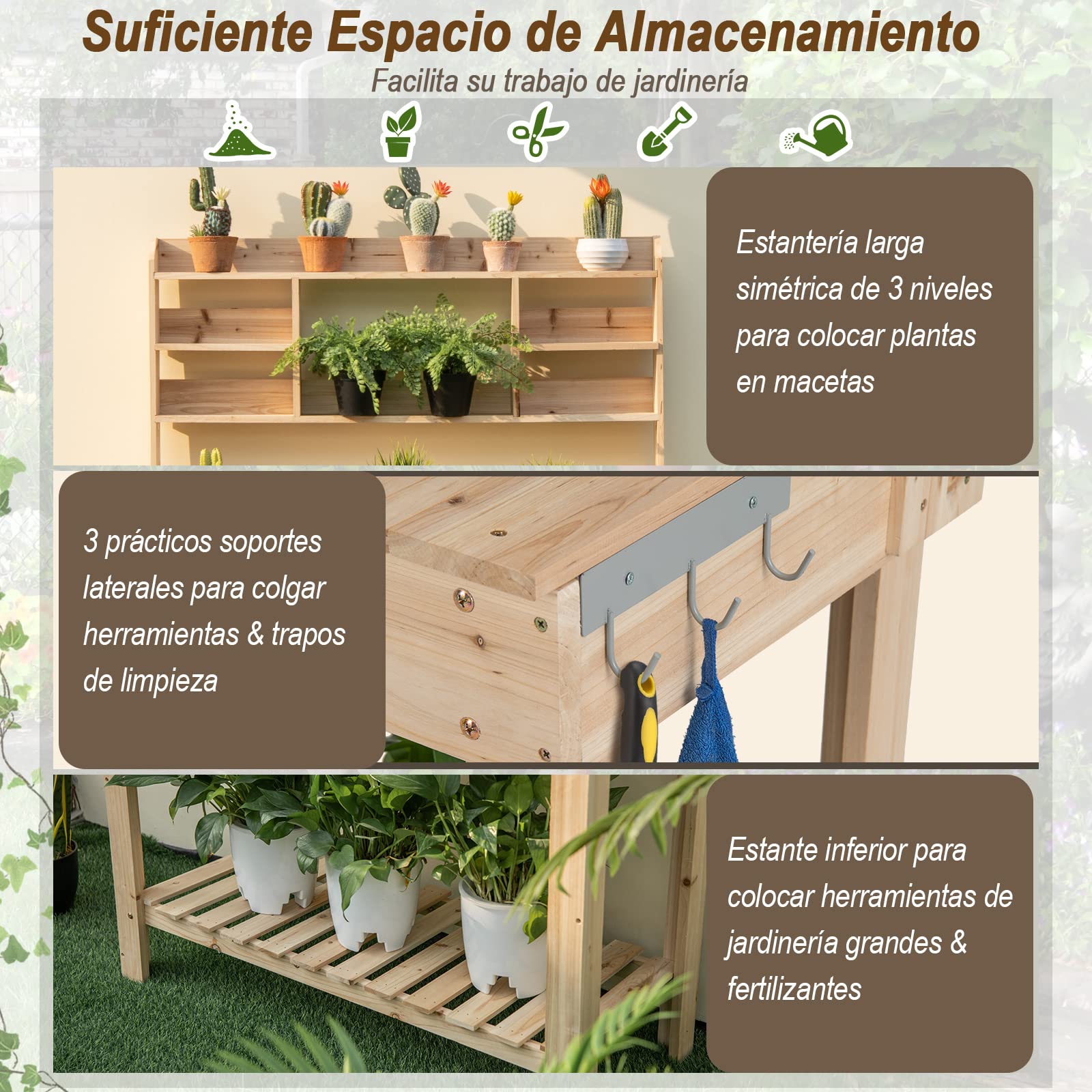 COSTWAY Mesa de Plantación de Madera para Macetas, Mesa de Jardín para Macetas con Estantes, Tablero Abrible, Ganchos, Mesa de Trabajo de Madera para Exteriores, Carga de 150 kg (110x50x153cm)
