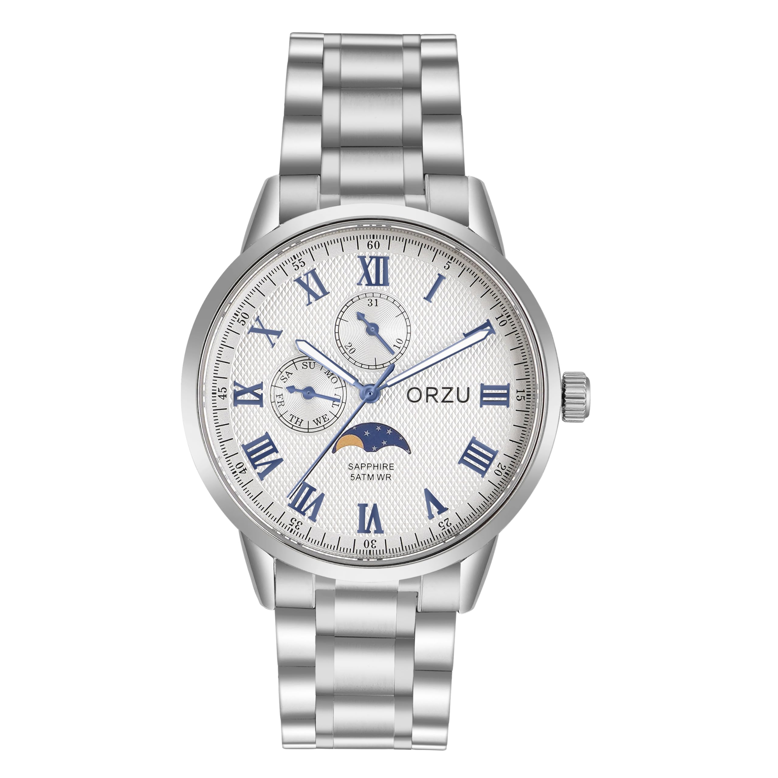 Multifunction Moon Phase White Dial Men's Watch - MM40021 | Stainless Steel Case & Solid Band | Sapphire Glass | Silver Band Watch for Men