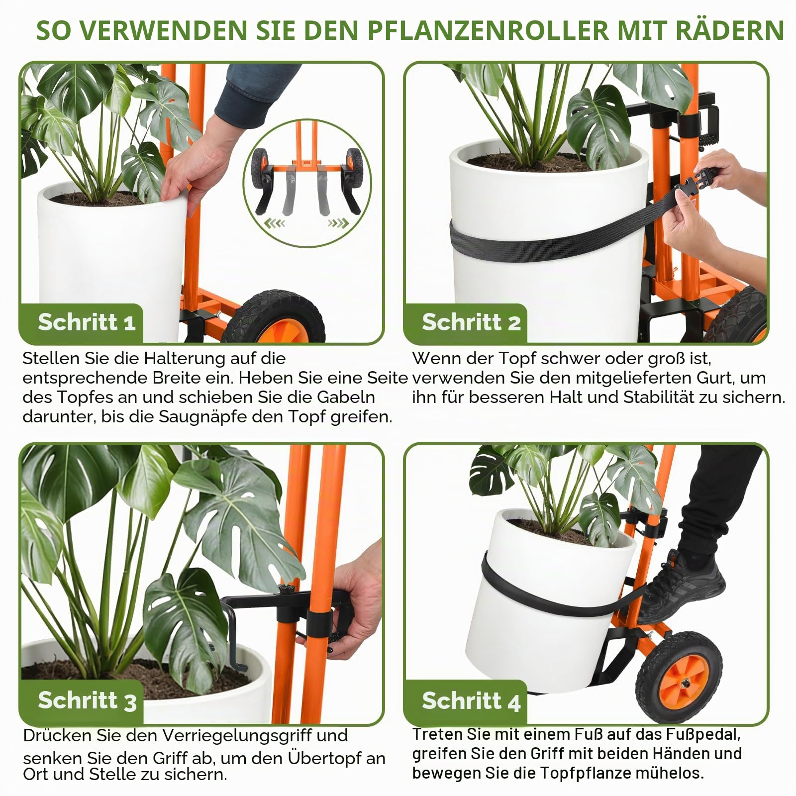 Pflanzen-Caddy mit Rädern, Pflanzenwagen, Topfpflanzen-Mover-Wagen | Robuster Pflanzenwagen mit verstellbarem Greifarm und Saugnäpfen, Topfwagen mit Gurt, für den Innen- und Außenbereich, 85 kg