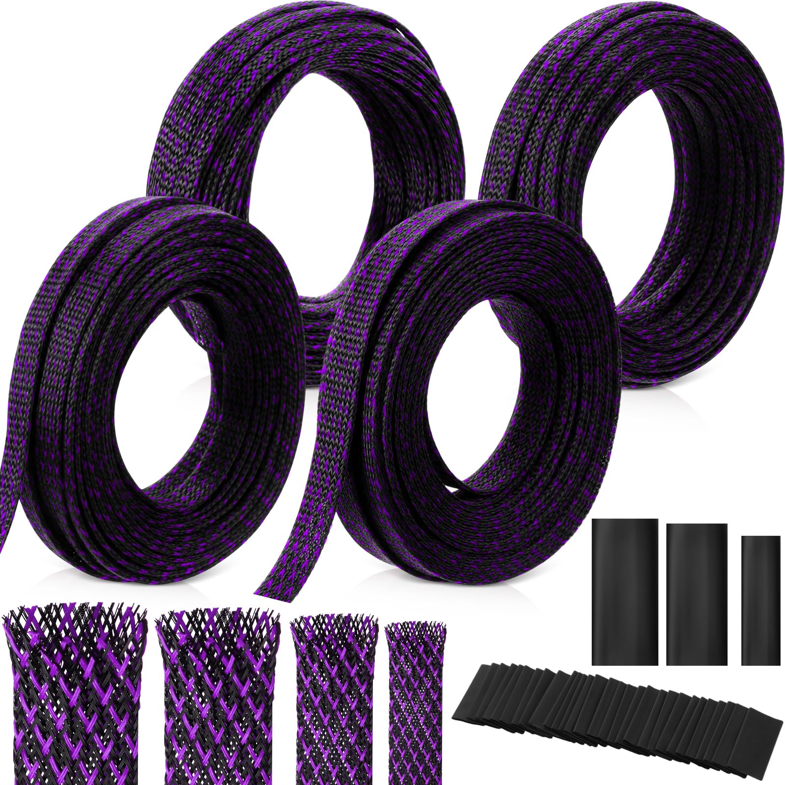 Tatuo Guaina intrecciata espandibile da 46 m, multi dimensione, con 240 tubi termorestringenti per televisione, audio, cavi video, animali domestici, 1/4", 2/5", 1/2", 3/4" (viola)
