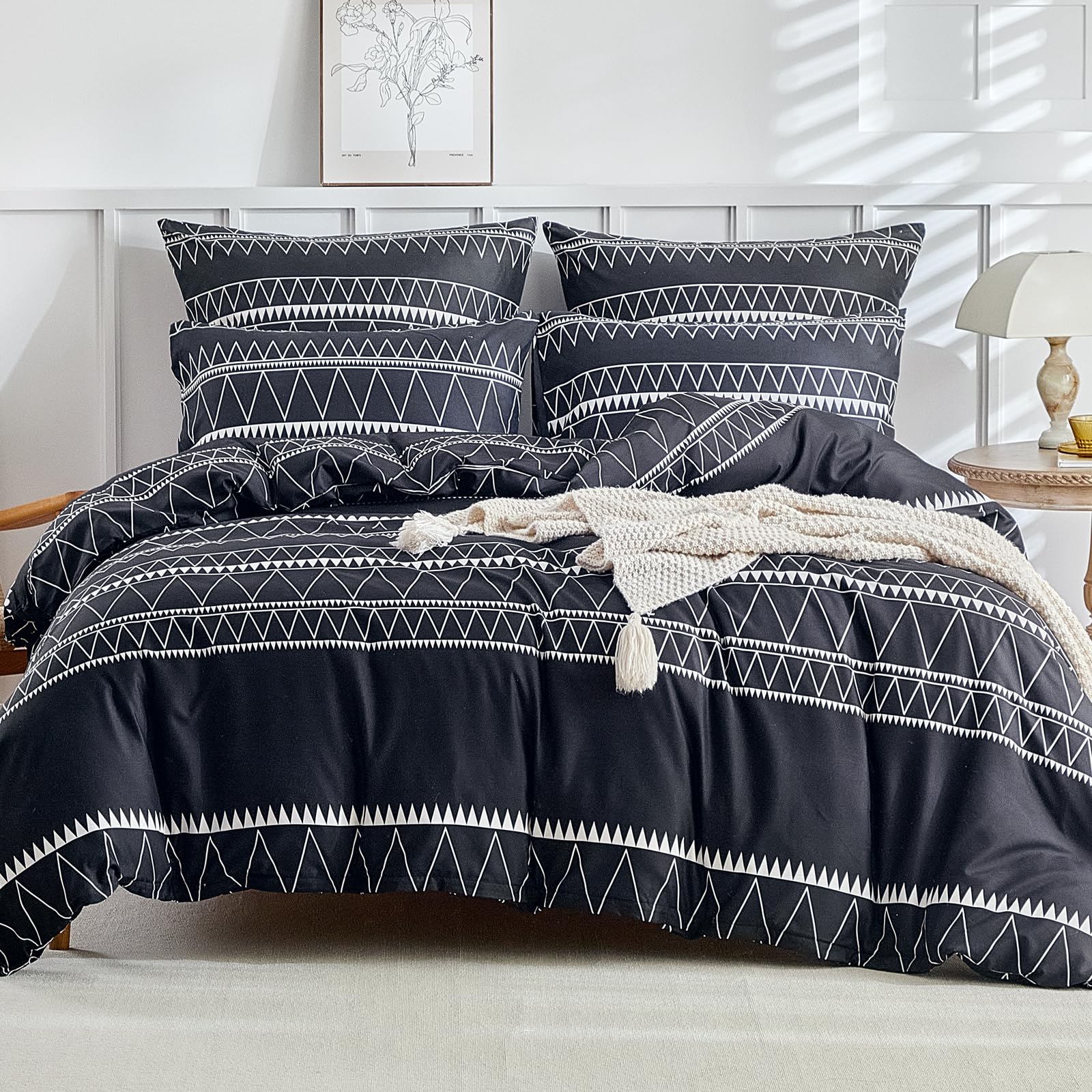 Lekesky Super King Duvet Set Black Bedding Boho Stripe Print Duvet Cover Sets Super King Size (1x Quilt Cover