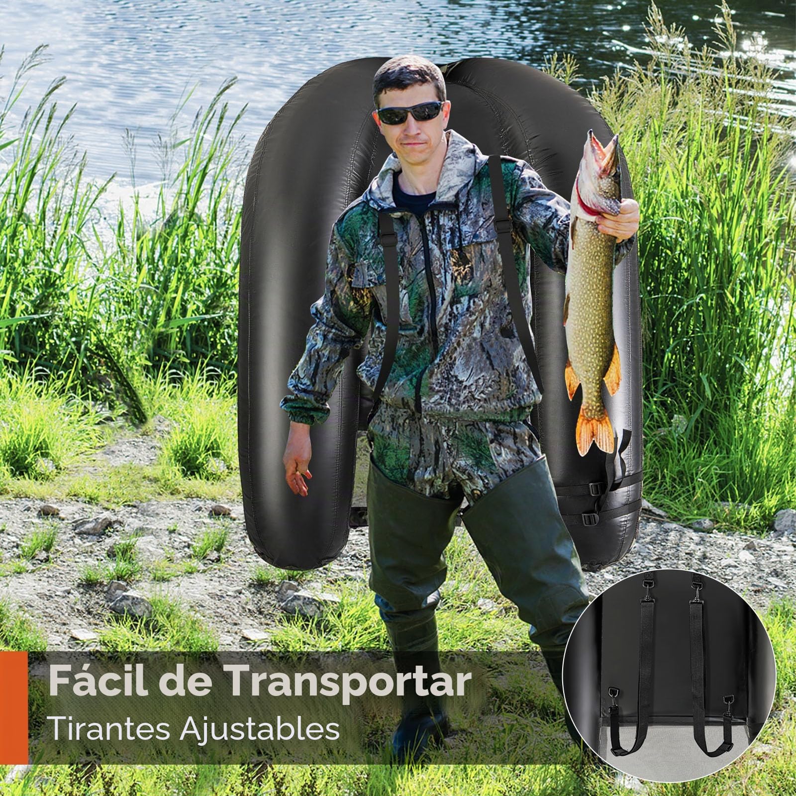 GOPLUS Barco de Pesca Inflable, Barca Hinchable con Correas y Respaldo Ajustables, Bomba Manual, Remo, Aletas, Soporte para Caña de Pescar, Regla de Pescado, Almacenamiento, Carga 150 kg, Camuflaje