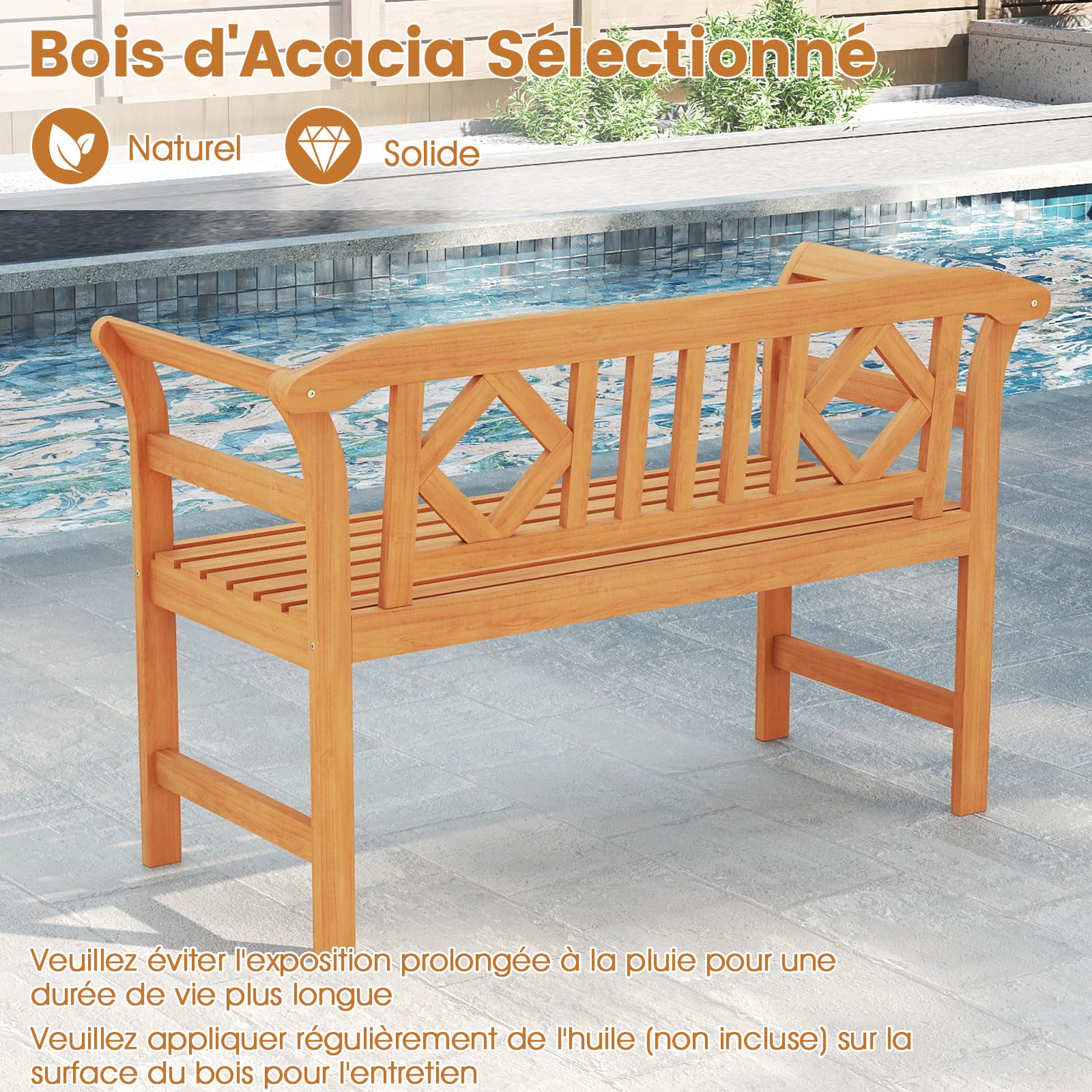 COSTWAY Banc de Jardin en Bois d'Acacia, Banc Exterieur Jardin à 2 Places, Dossier à Motif Géométrique, Accoudoirs, Banquette pour Balcon Porche Piscine, Charge 360 kg, 118 × 50 × 78,5 cm (Style 2)