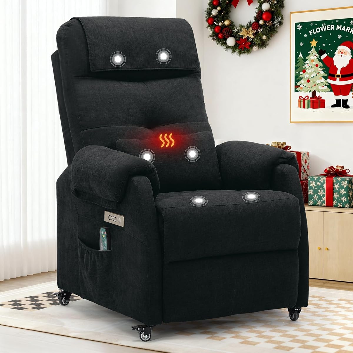 Power Recliner Chair for Adults, Recliner for Small Spaces with Rollers, Electric Chair with Massage and Heat, USB and Type-C Charge Port, Fabric Recliner Chair for Living Room, Bedroom