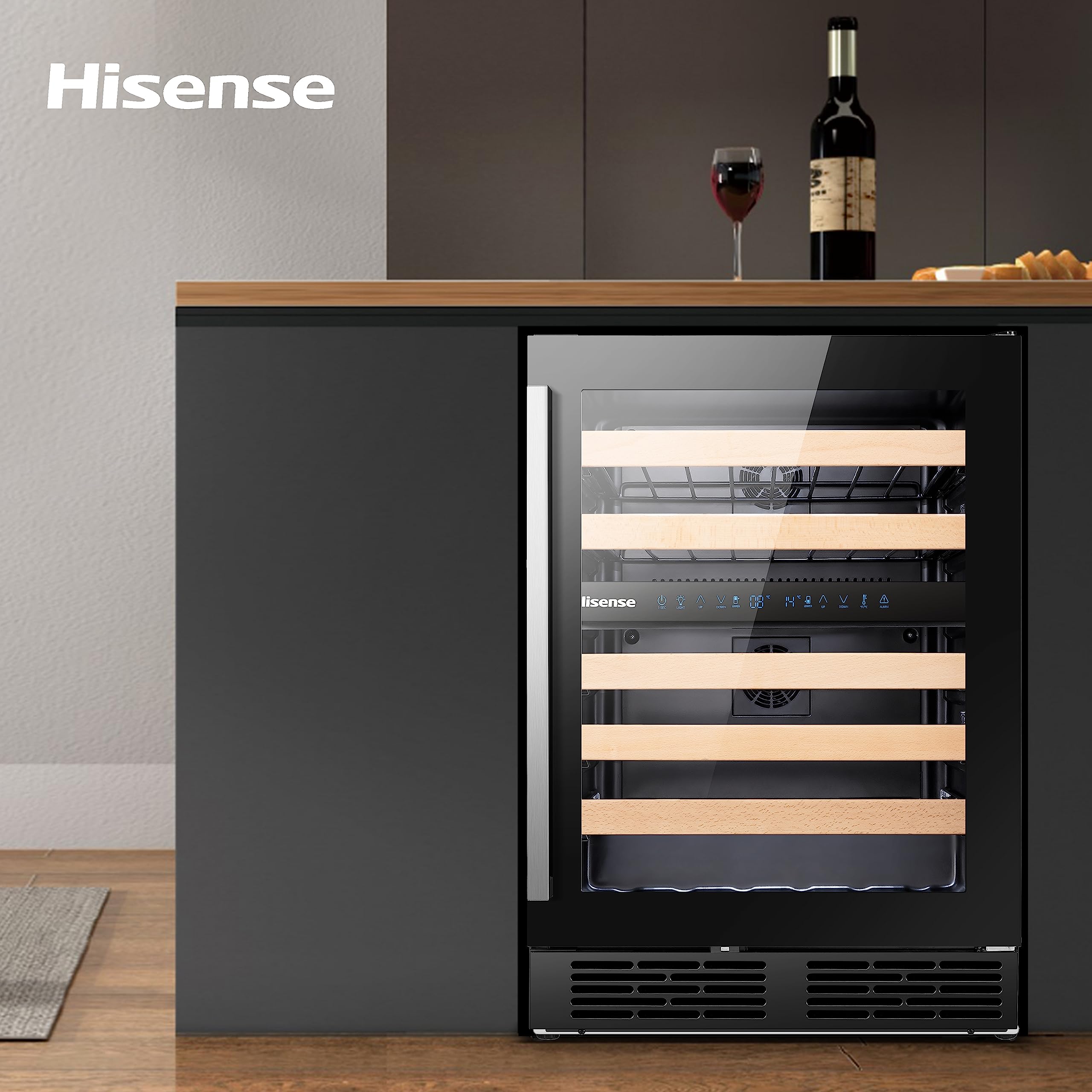 Hisense RW17W4NWLG0 Weintemperierschrank, Kapazität bis zu 46 Flaschen, Glastür mit UV Schutz, LED Innenbeleuchtung, Türanschlag wechselbar, schwarz