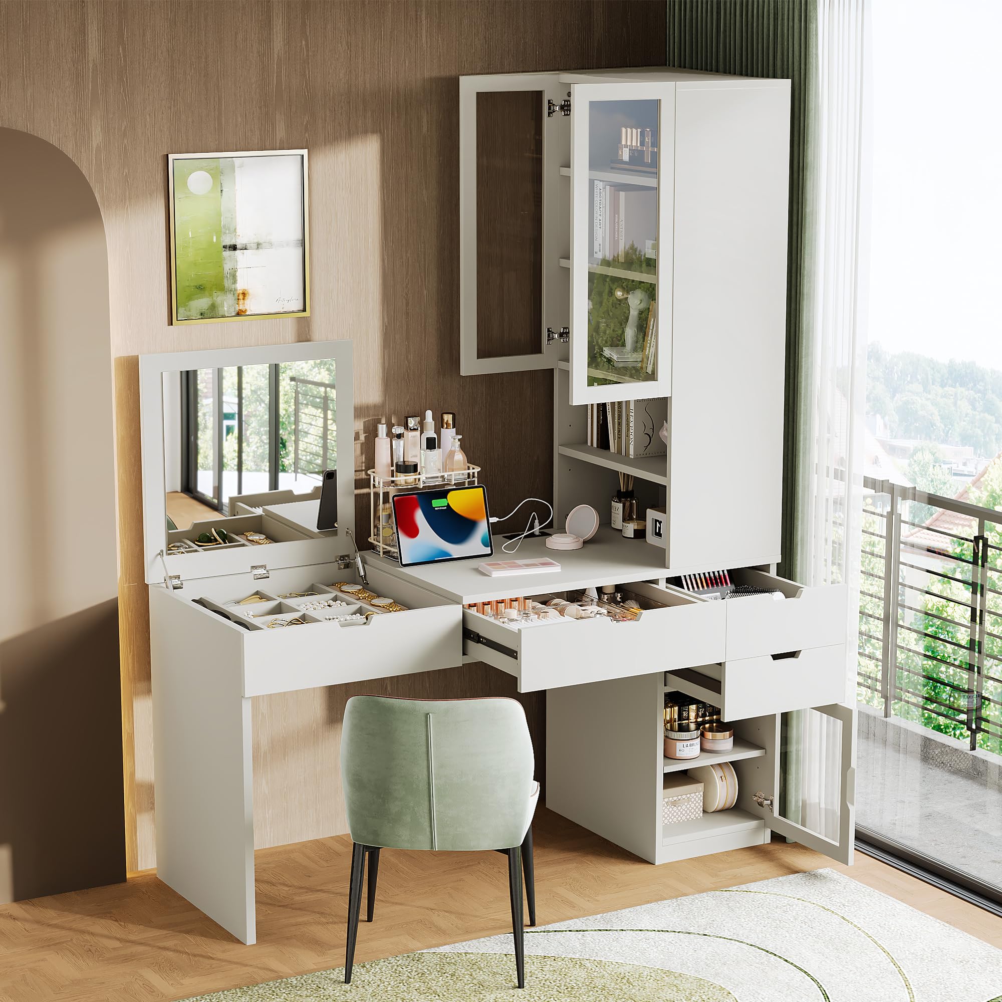 JIVOIT Vanity Desk with Mirror, Versatile Makeup Dressing Table with 8 Hidden Storage Compartments, 3 Drawers, 2 Cabinets and Open Shelves, Glass Door, Computer Desk for Home Office