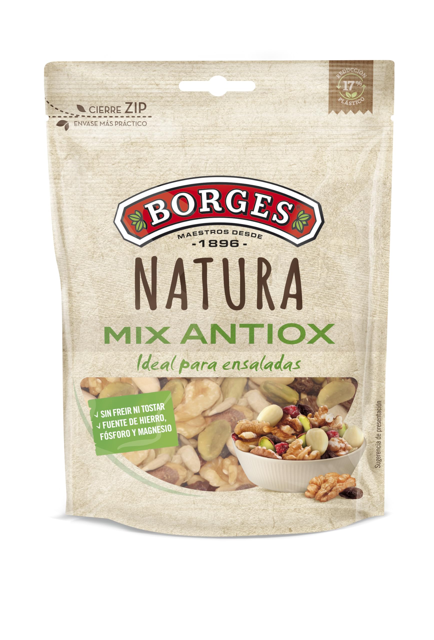 Borges Cocktail Variado de Almendras, Pipas, Nueces, Arándanos, Pasas y Pistachos Crudos Antiox 130g