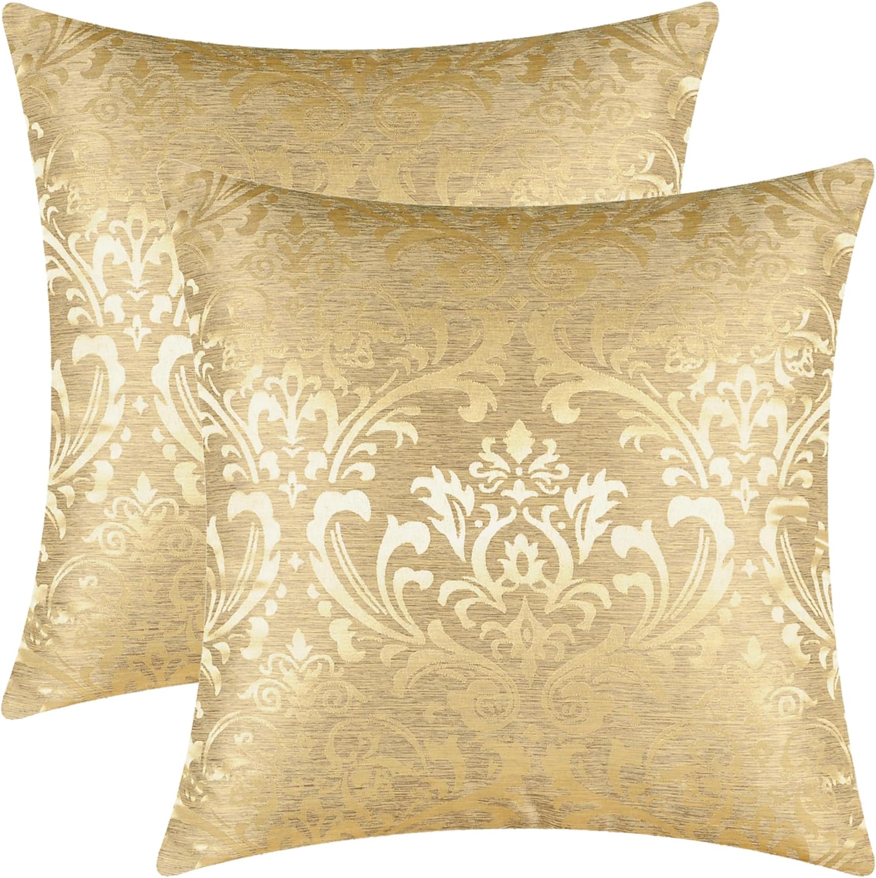 Pack of 2 Throw Pillow Covers Cases for Couch Sofa Home Decoration Vintage Damask Floral Shining & Dull Contrast 18 X 18 Inches Gold