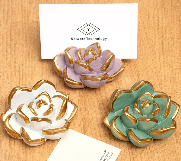 wowhalolo Resin Succulent Business Card Holder Set of 3 - White, Pink, Green - Modern Desk Organizer and Display Stand for Office, Store - Vertical Name Card Holders - Unique Gift and Decor