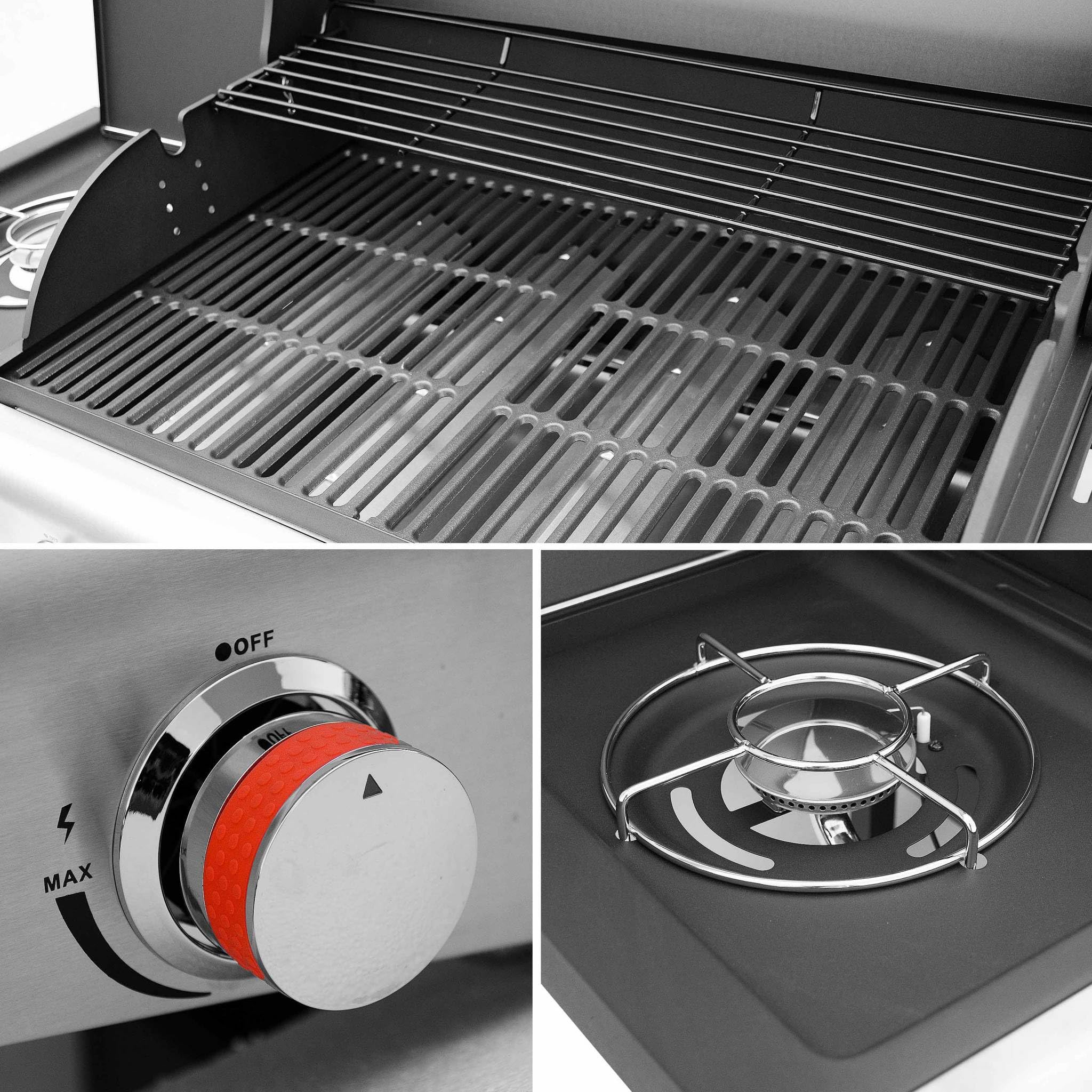 Alice's Garden - Barbecue au gaz - Bazin Gris anthracite - Cuisine extérieure 5 brûleurs dont 1 feu latéral avec tablettes et thermomètre. rangement. roues