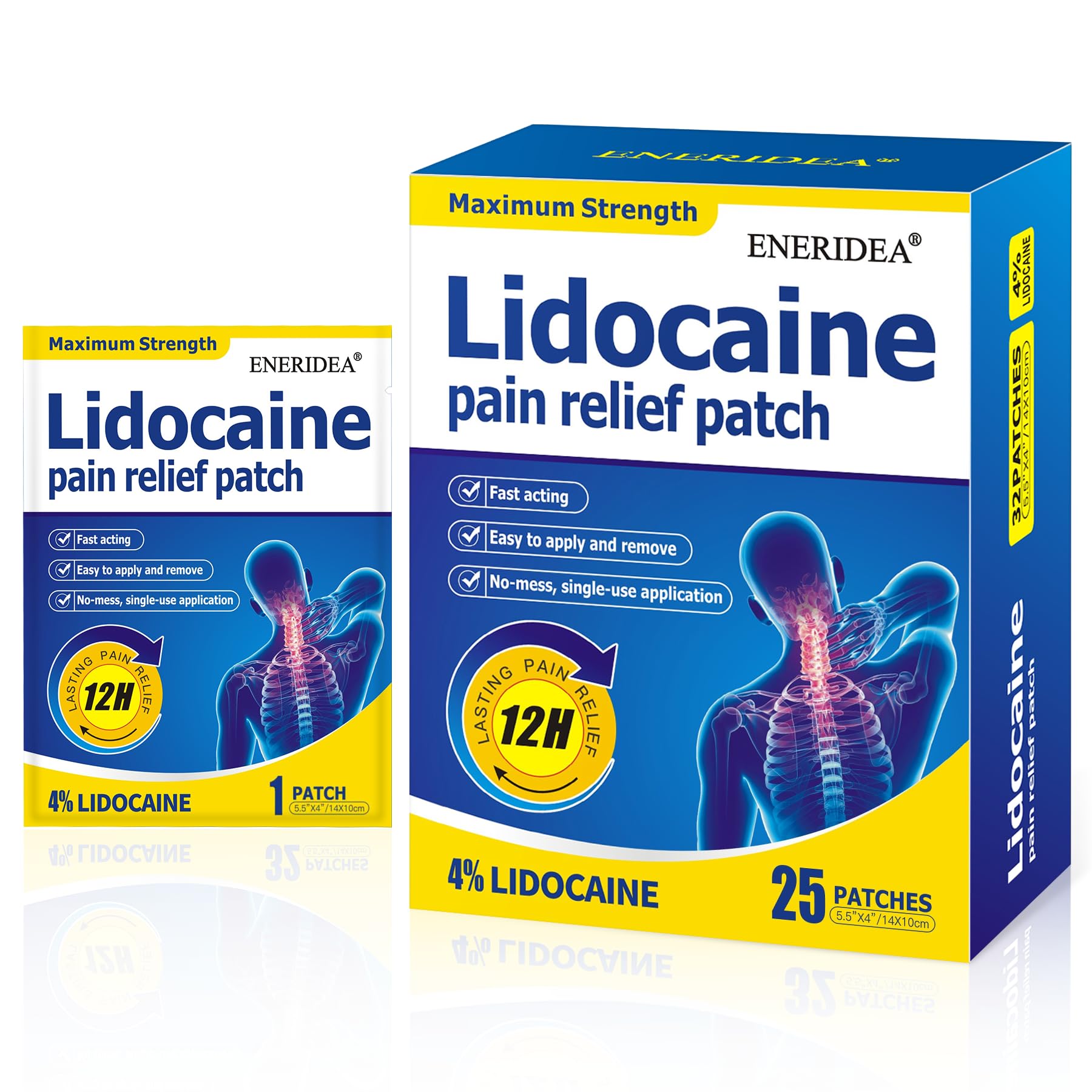4% Lidocaine Patches, 25 Count Maximum Strength Pain Relief Patch for Muscle Relief in Neck Knee Back and Shoulders, 12 Hour Long Lasting Relief Pains (25 Count)