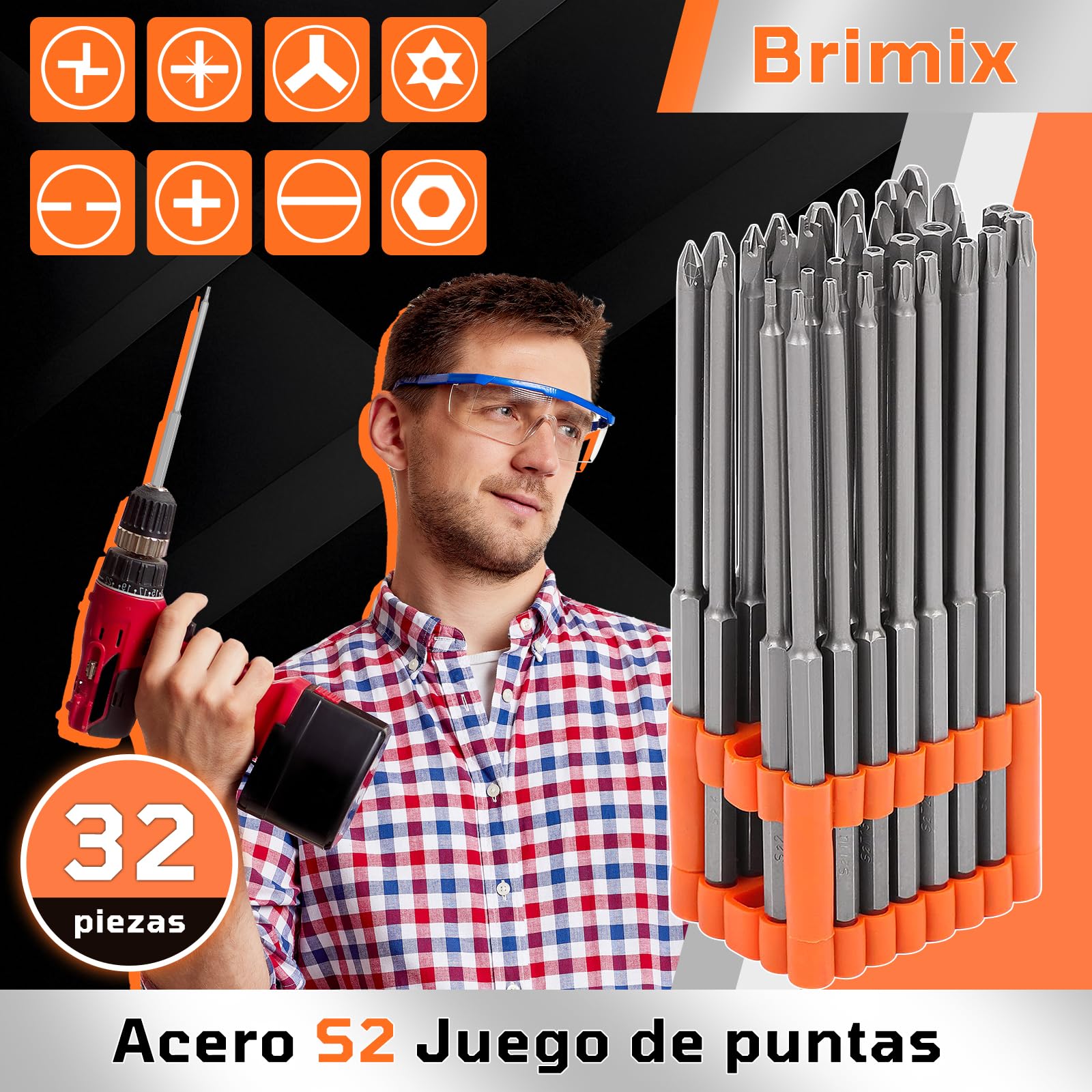 32 pc Juego de Puntas Extra Largas 150 mm de Destornillador de Acero S2,Resistentes y Duraderas, Incluir Torx, Phillips, Allen, Plana, Doble, Seguridad, con Soporte Organizador,Para Taladros