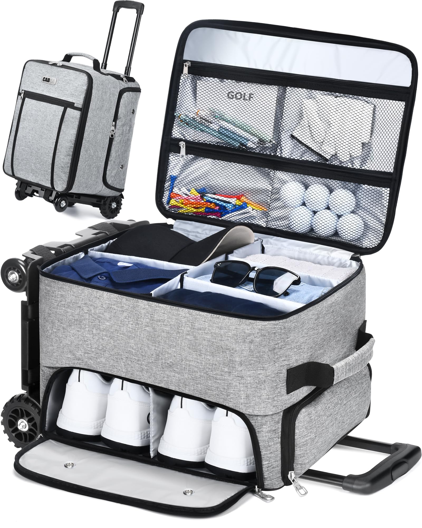 CAB55 Golf Trunk Organizer with 4 Wheels, 2 Layer Waterproof Car Golf Organizer with Separate Ventilated Compartment for 2 Pair Shoes, Golf Trunk Storage for Clothes, Accessories, Golf Gifts