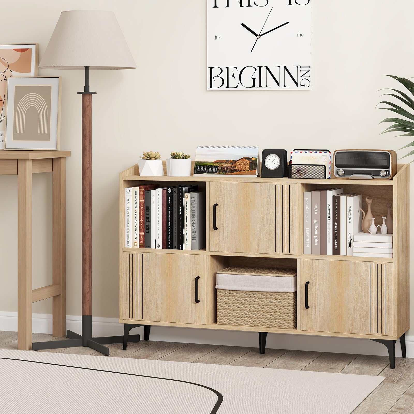 Giantex Storage Cabinet, Sideboard with 3 Doors, 3 Open Compartments, Bookcase with 5 Raised Metal Legs, Buffet Table, Bookshelf, Floor Cabinet for Living Room Display, Dining Room, Entryway, Oak