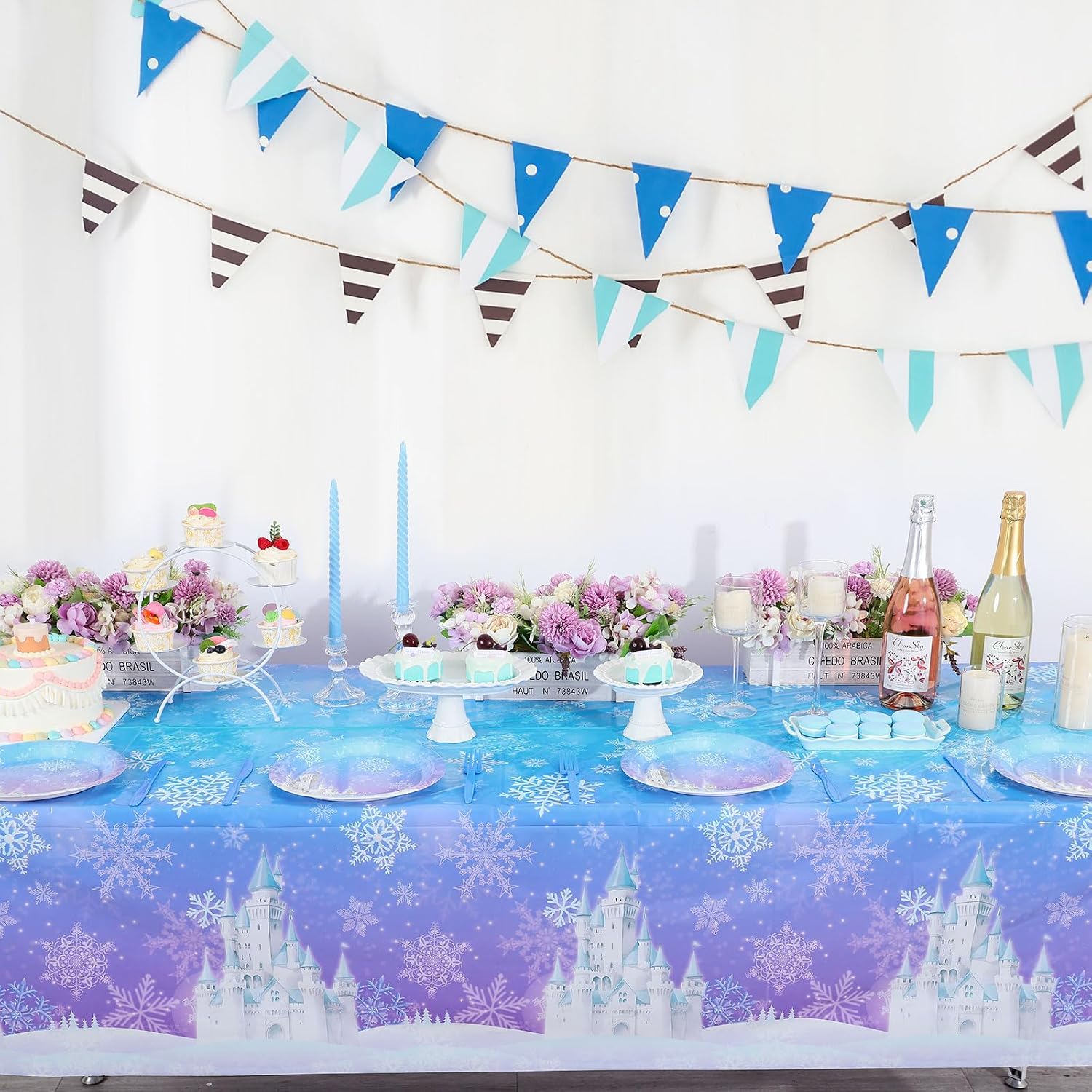 NatNarr 6 Pack Frozen Tablecloth, 54 x 108 Inch Snowflake Plastic Tablecloths Blue and Purple Snowflakes Table Cover, Winter Wonderland Table Cloth for Holiday Frozen Birthday Party Supplies