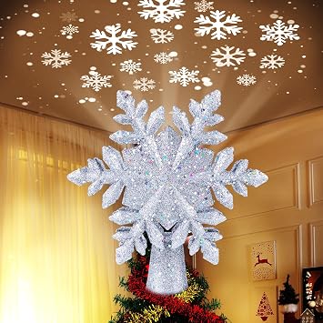 Christmas Snow Tree Topper with Built-in Led Snowflake Projector Lights
