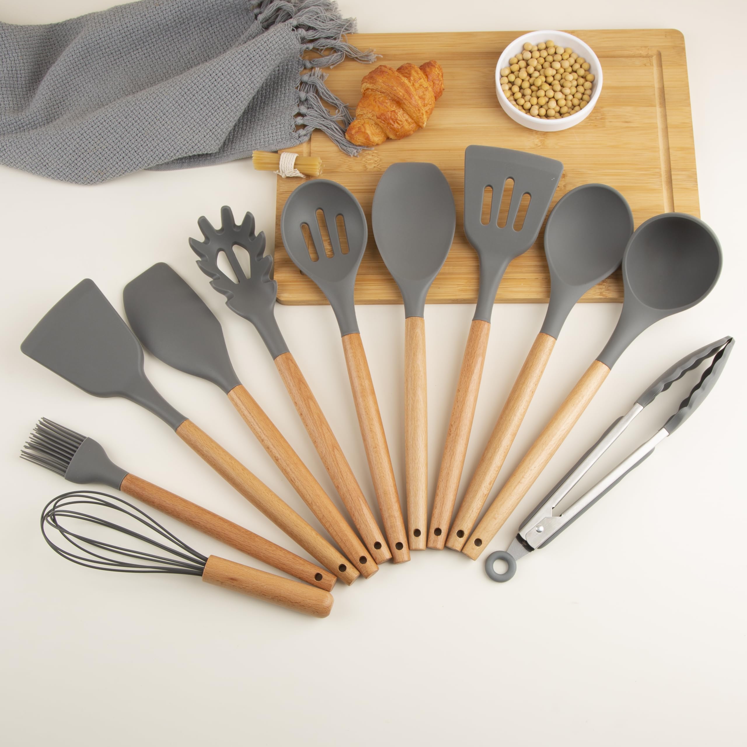 Juego de utensilios de cocina, resistentes a 230.0 °C, 12 piezas de silicona antiadherente, juego de espátulas con soporte, mango de madera de haya de alta calidad, juego de utensilios de
