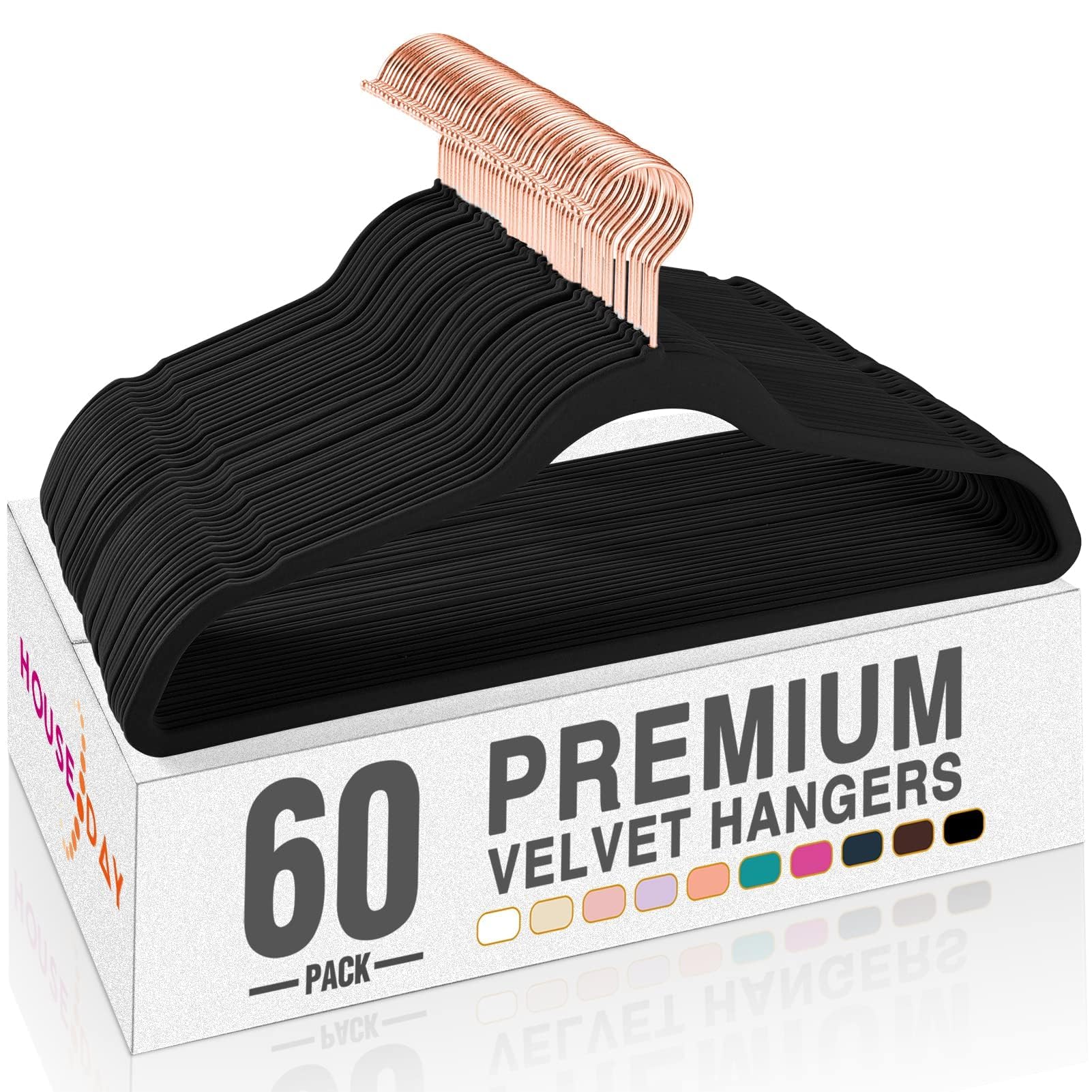 HOUSE DAY Black Velvet Hangers 60 Pack, Premium Non-Slip Felt Hangers, Sturdy Black Clothes Coat Hanger Heavy Duty, Durable Suit Hanger for Space Saving, No Marks Gold Hook