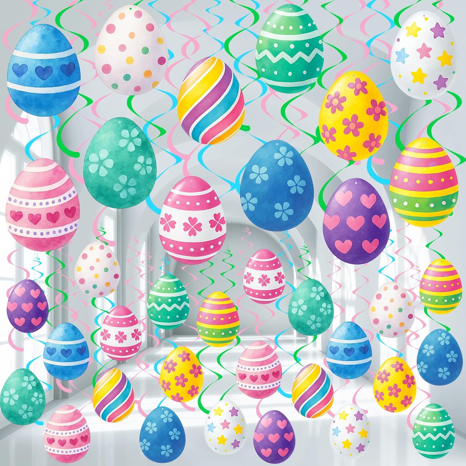 Epakh 72 Pcs Easter Egg Hanging Swirl Ceiling Decorations Hanging Foil Ceiling for Happy Easter Day Party, Colorful Egg Decorations for Spring Holiday, Office, Indoor, Home(Fresh Style)