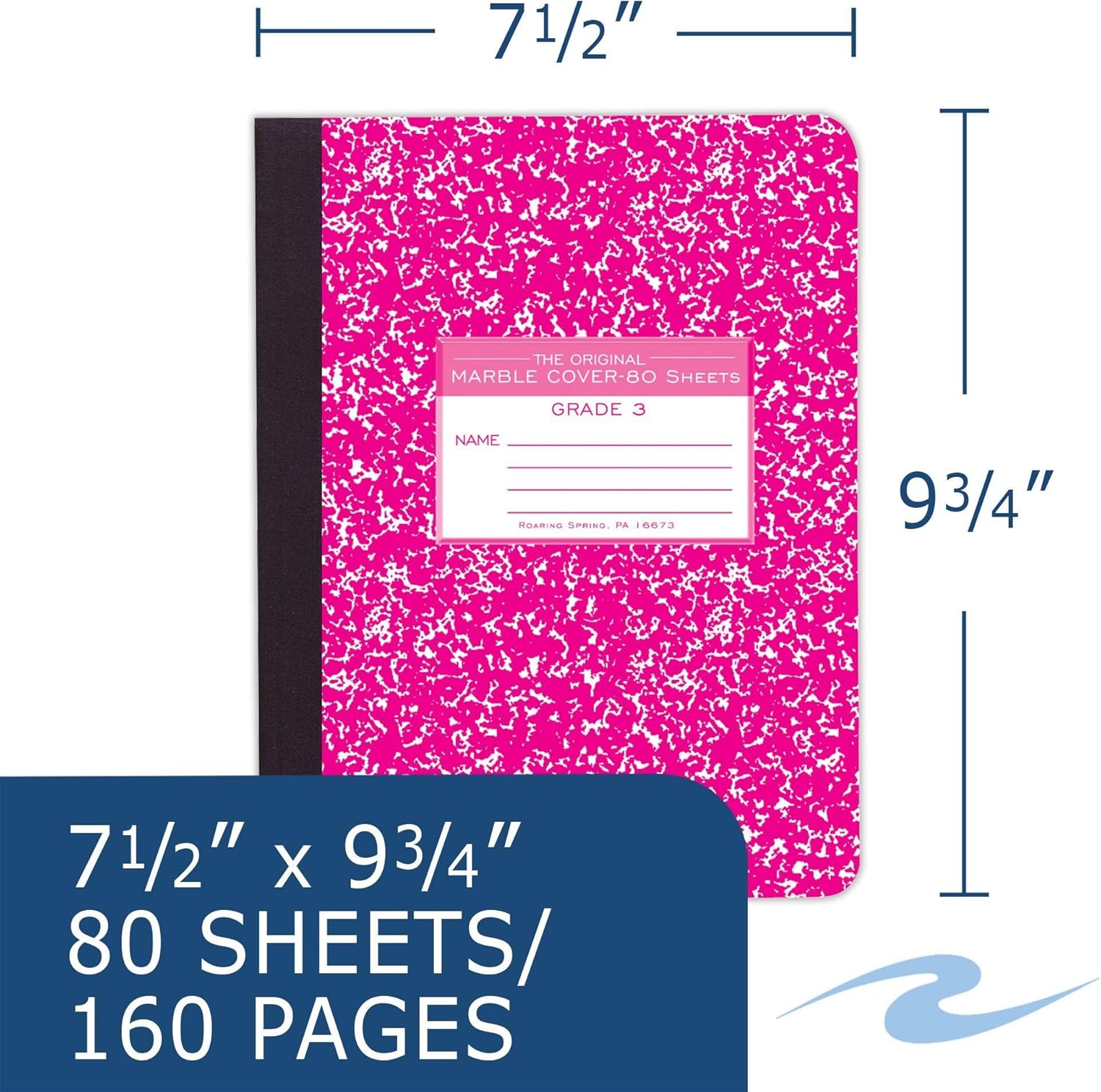 Roaring Spring Composition Notebooks, Grade 3 Skip Line Ruled, 80 Sheets 15 lb White Paper, 9.75" x 7.75", agenta Marble Cover, Proudly Made in USA, Case of 48