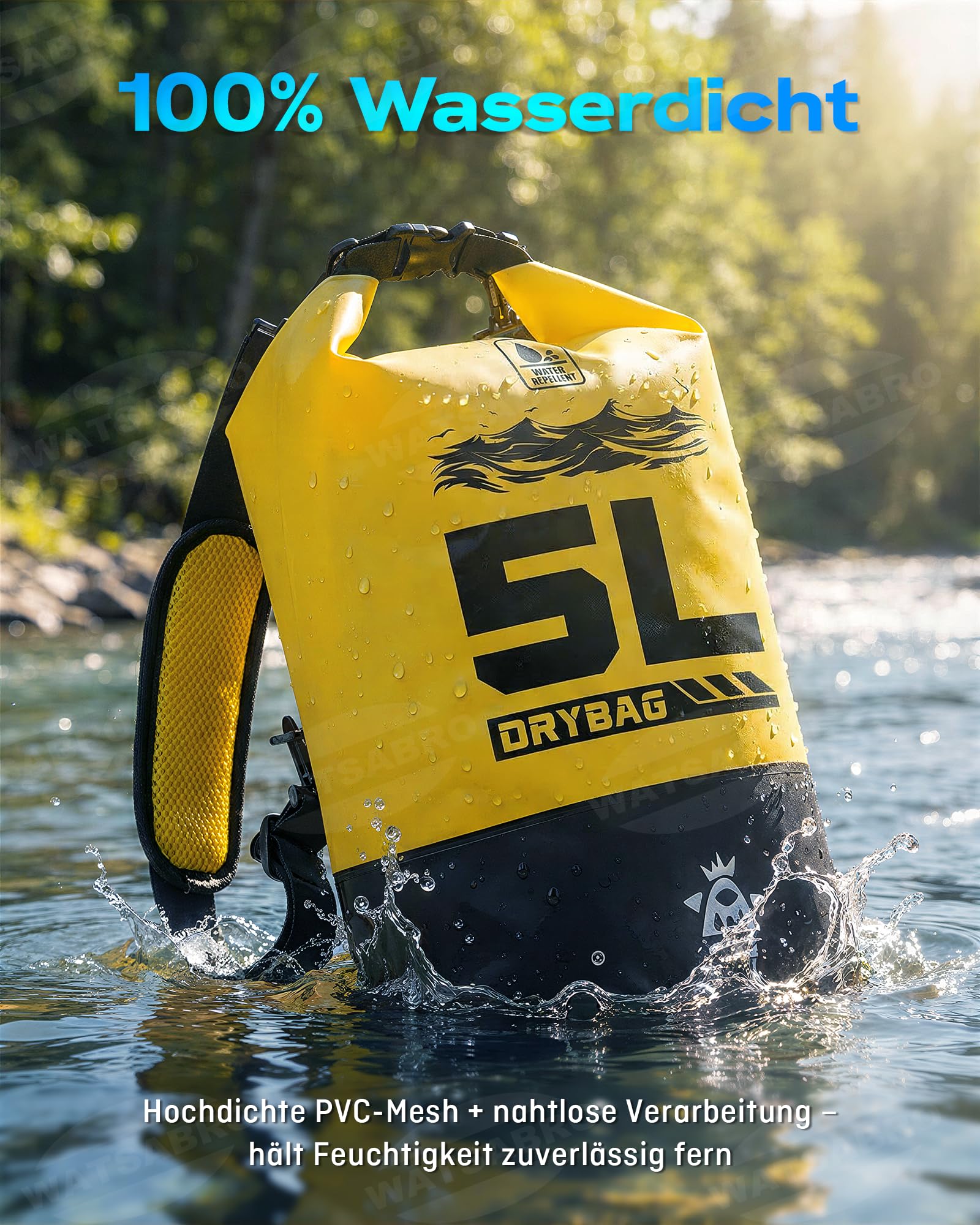 WATSABRO Dry Bag – 5L/10L/20L wasserdichte Tasche, Kratzfester Wasserdichter Rucksack, Inklusive 100% Wasserfeste Handyhülle – Ideal für Wassersportarten wie SUP, Kajak, Kanu sowie Strandurlaube