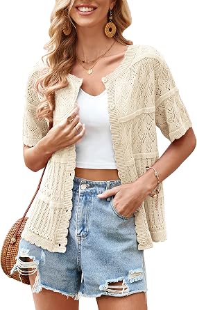 ECOWISH Summer Crochet Cardigans for Women 2026 Lightweight Short Sleeve Crewneck Button Down Cropped Casual Sweater Tops