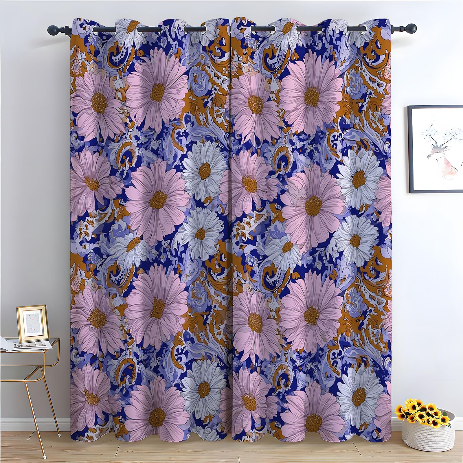 TERUEA Curtains for Spring Scenery Vintage paisley mixed pink daisy repeating textile Textured Farmhouse Curtains Leaf Printed Rustic Drapes Window Treatment-52 W x 108" L (Pack of 2)