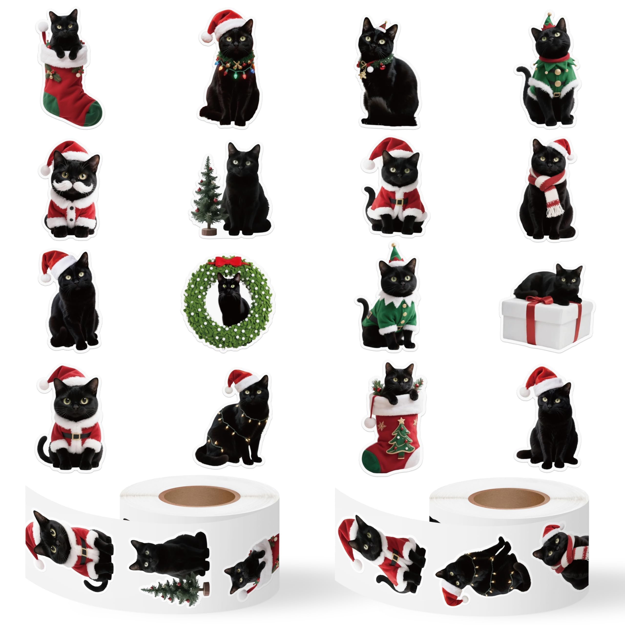 Christmas Black Cat Stickers - 600 Pcs Christmas Black Cat Waterproof Vinyl Reusable Laptop Stickers Coloring Book Scrapbook Water Bottle Page Activity Pad Party Favors Skateboard Giftwrap