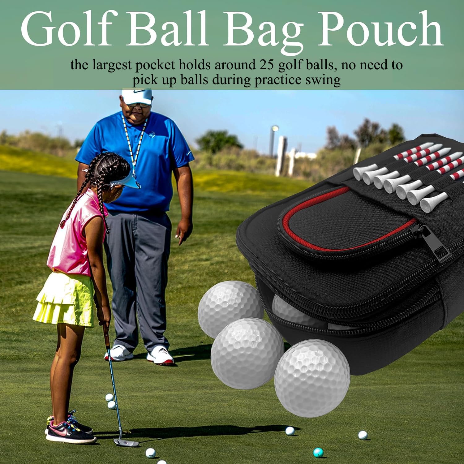 Golf-Wertsachen-Tasche – Golfball-Tasche, tragbarer Organizer, große Golf-Zubehör-Tasche für Gadgets, wie Golfbälle, Tees, Ballmarkt – Golf-Geschenk für Männer und Frauen (roter Rand)