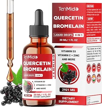 Quercetin with Bromelain Liquid Drops - 8in1 with Vitamin D3, Vitamin C, Zinc, Elderberry, Stinging Nettle, and Black Pepper - Support Immune System - 30ml 1 Fl Oz
