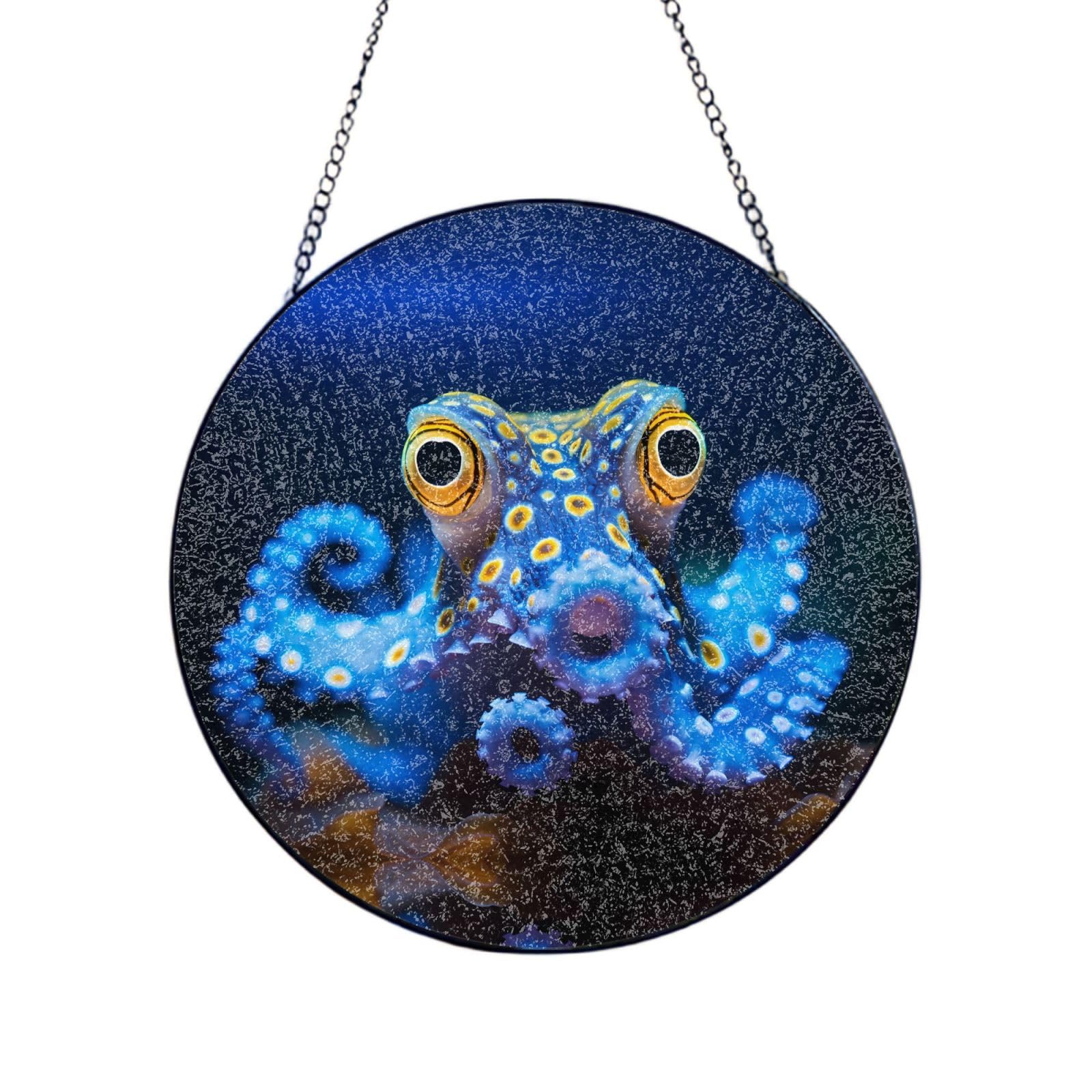 Phayah Blue Ringed Octopus Print Glass Window Hanging Round Suncatcher Glass Ornament Garden Wall Fence Decorations Indoor Outdoor 12in（30cm）