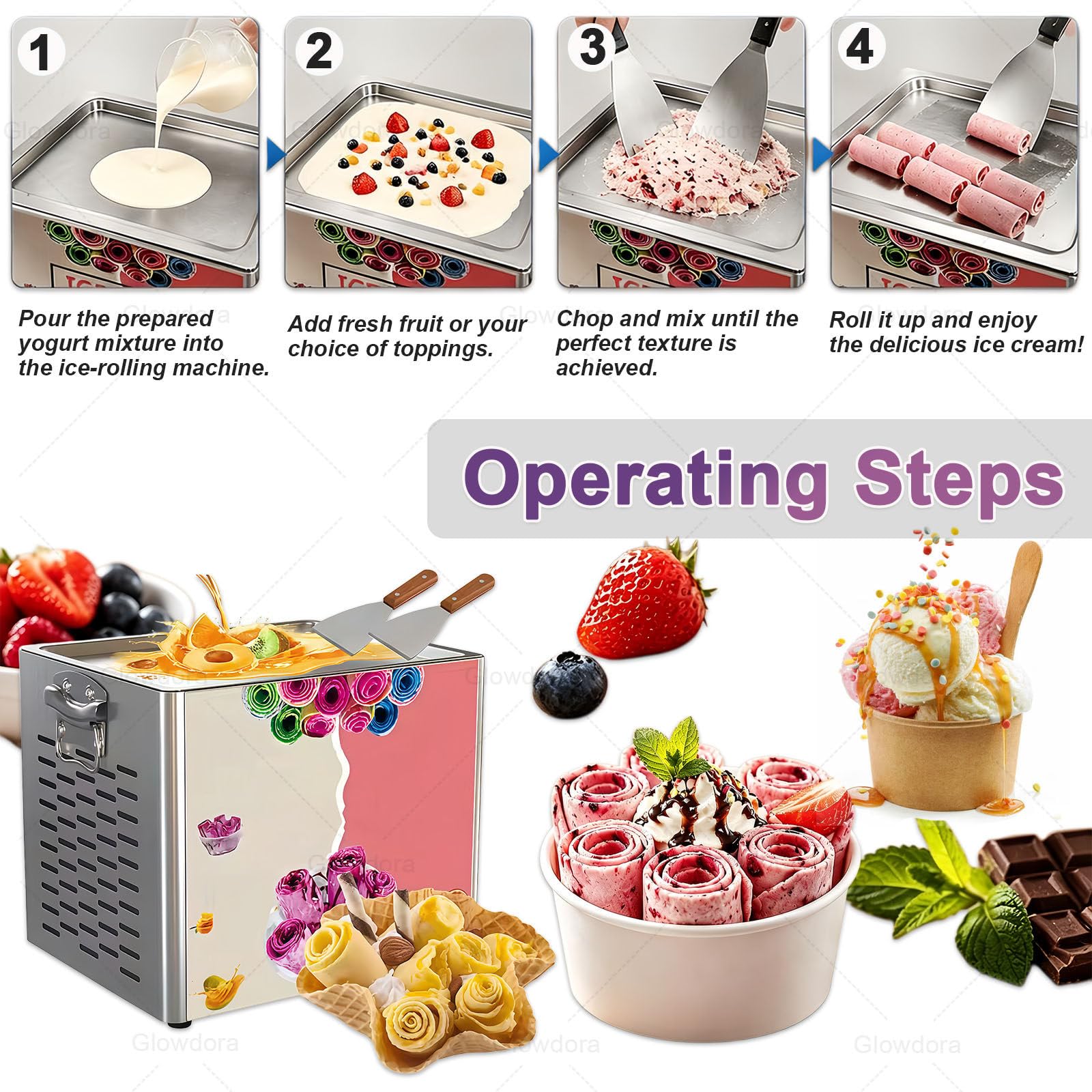 Macchina Professionale Elettrica da Banco in Acciaio Inox per Gelato Arrotolato (Fried Ice Cream), Yogurt E Smoothie, per Negozi, Bar, Ristoranti E Uso Domestico