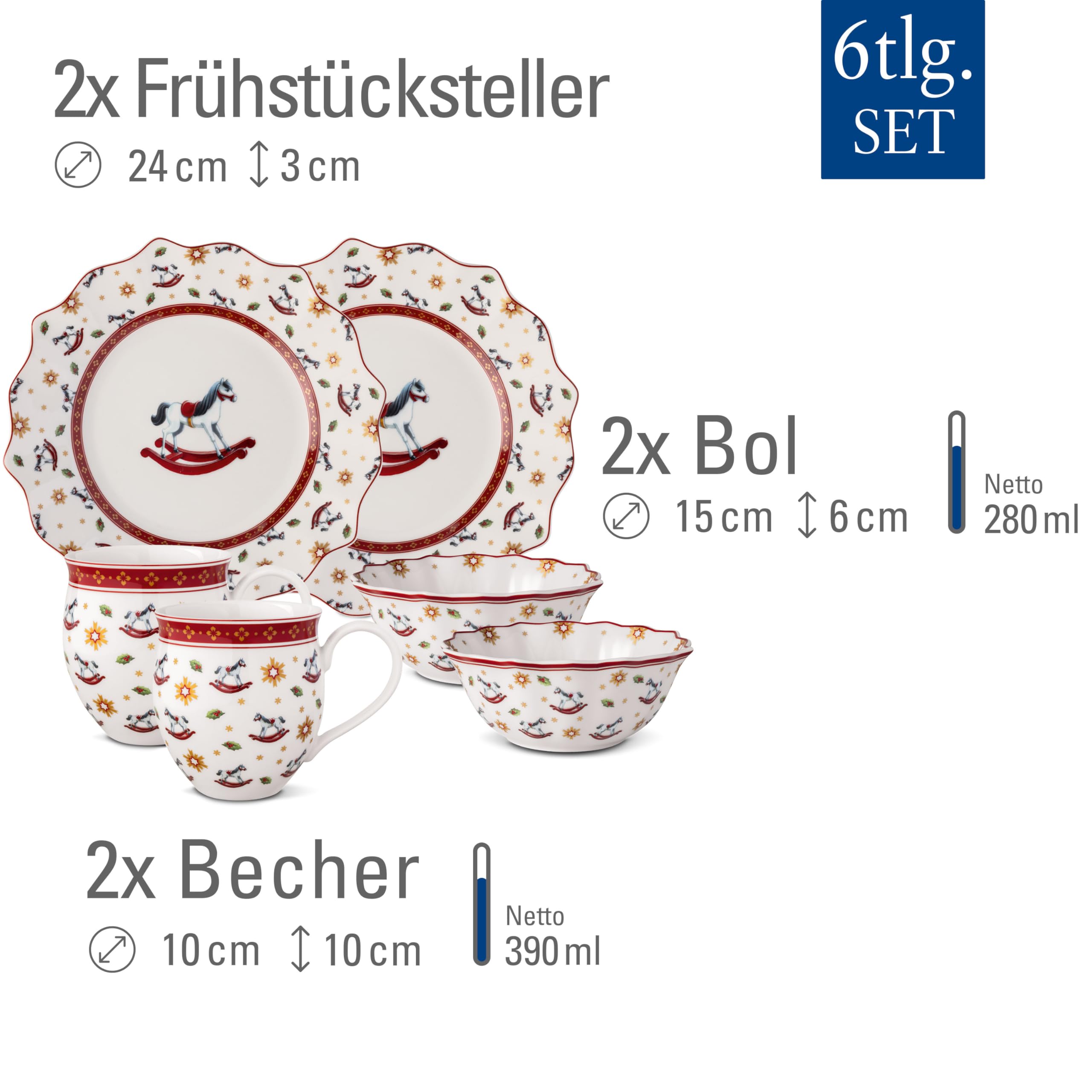 Villeroy & Boch - Toy's Delight Frühstücks-Set für 2 Schaukelpferd 6 teilig Bunt, Weihnachten, Geschirr Set mit Frühstückstellern, Tassen und Schüsseln, Weihnachtsgeschirr, Premium Porzellan