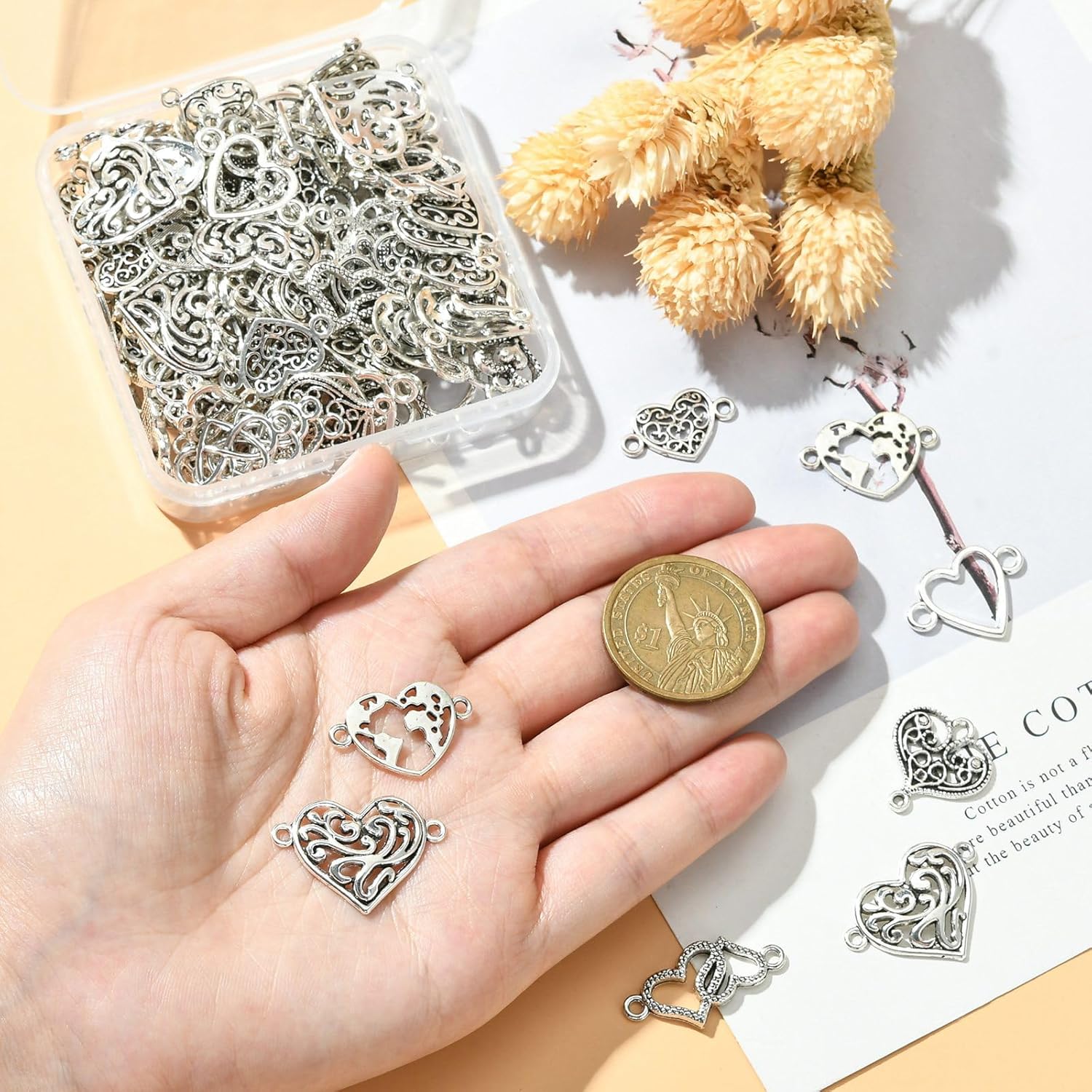 UR URLIFEHALL 100 Pcs Antique Silver Filigree Heart Charm Links Tibetan Double Loops Love Heart Connector Charms for DIY Jewelry Making Findings - Image 3