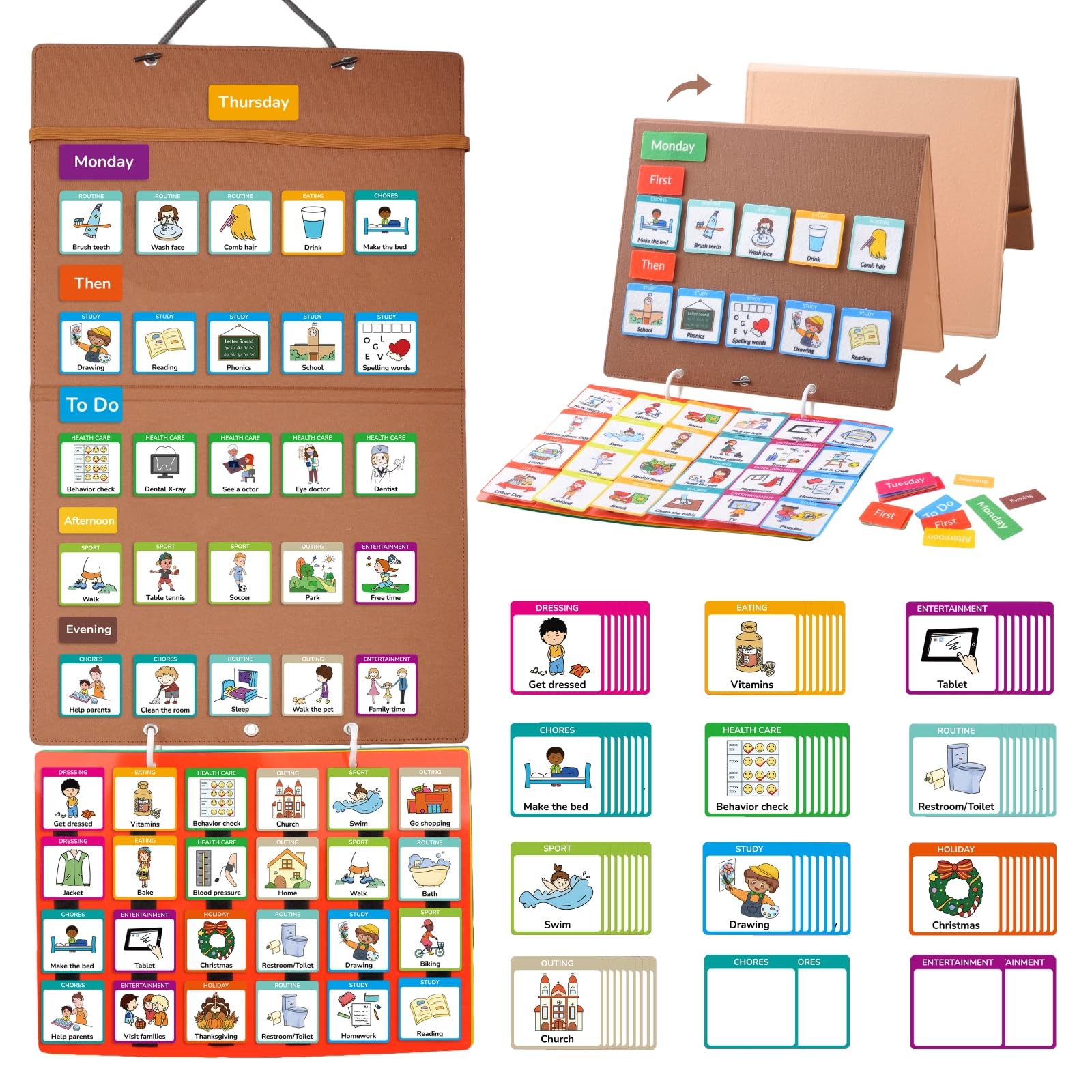 CHEFAN Visual Schedule for Kids Chore Chart, 3 in 1 Daily Schedule Board for Toddlers with 172 Cards, Morning Bedtime Routine Chart Communication Cards Autism Learning Materials for Home School