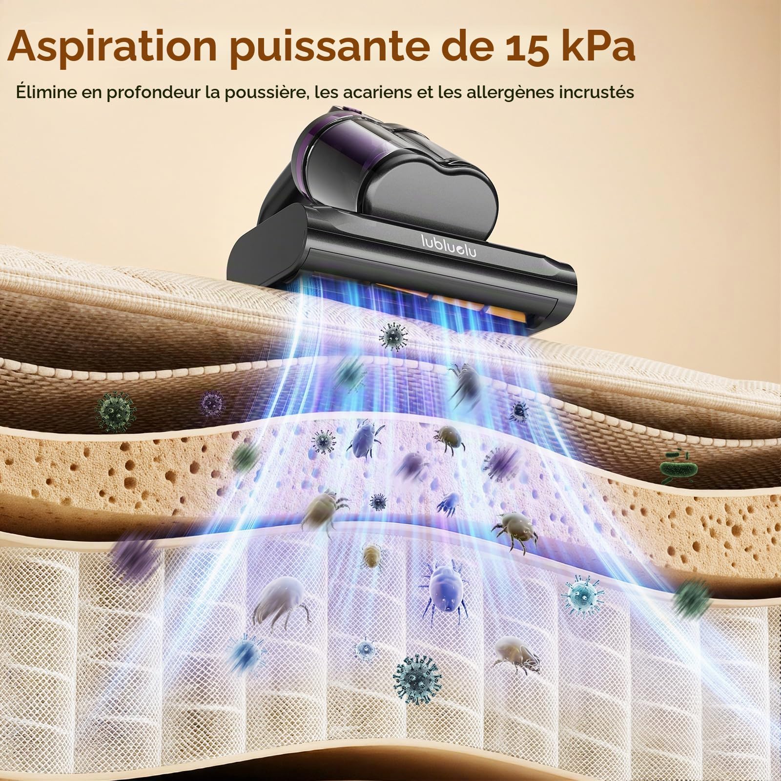 Lubluelu Aspirateur Anti-Acariens pour Matelas 3 en 1, 18 kPa Puissance d’Aspiration, Élimine 99% des Acariens et Allergènes, pour Matelas, Lits et Canapés (Gris foncé et Violet)