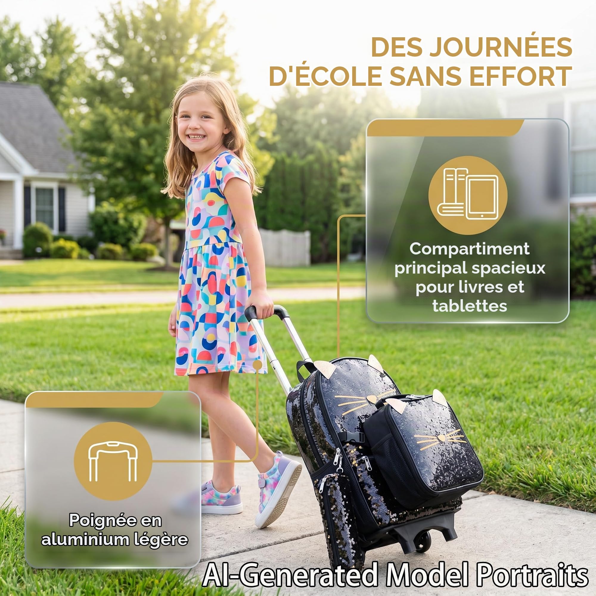 Sac à Dos a Roulette Pour Enfant Fille D'école 17” Amovible Scolaires