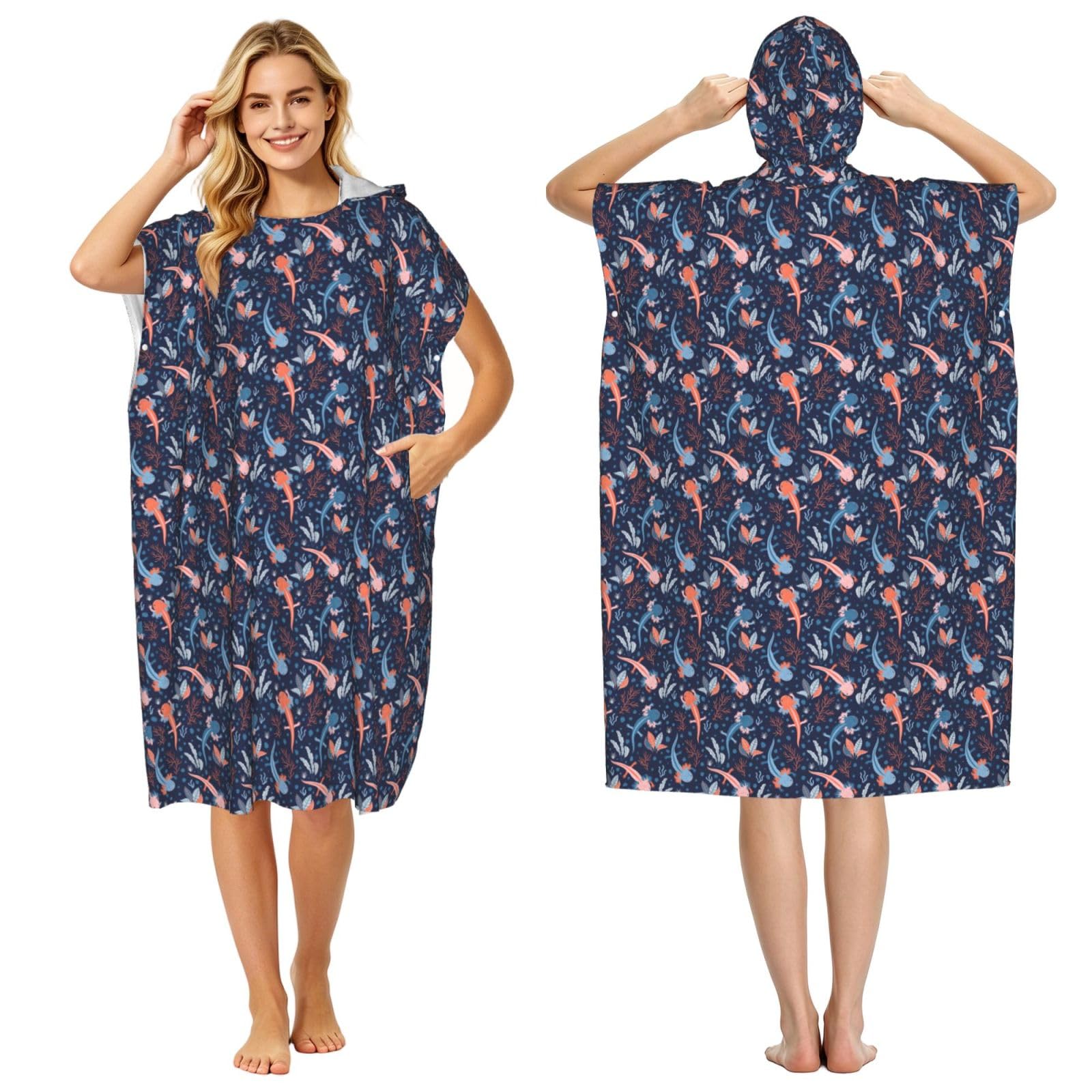 Poadnly Cute Axolotl, Adult Hooded Beach Towel 90 x 110 cm,Changing Bath Robe, Surf Poncho Towel For Women Men