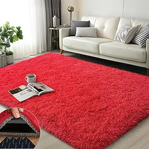 Red Rugs for Bedroom, 3x5 Fluffy Area Rugs for Living Room, Soft Shag Kids Rug Small Carpet with 4 Non-Slip Rug Pads (Red, 3ft x 5ft)